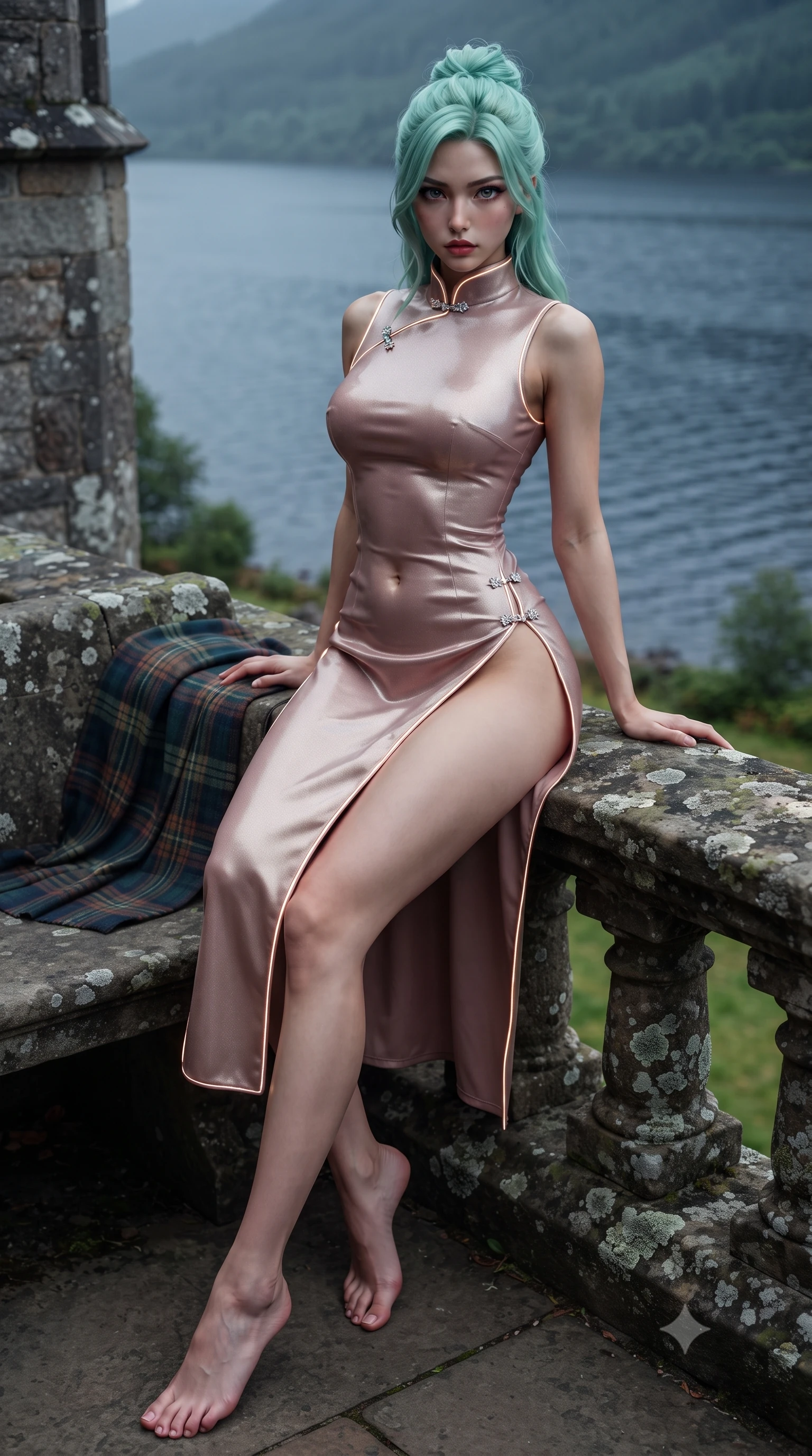 score_9, masterpiece, best quality, ultra-detailed, high-budget anime keyframe, editorial fashion photography, tasteful artistic composition, Japanese woman. low angle full-body shot from head to toe showing her feet, filling the entire 9:16 vertical frame with her statuesque presence, stretching her vertical silhouette. sitting perched on the elevated edge with hips angled toward the camera and legs crossed, displaying her toned midriff and flawlessly sculpted slender limbs while reclining against a tartan-draped stone bench on the castle parapet, her slender waist and feminine curves highlighted against the moody Scottish panorama. The surrounding environment is rendered in vivid detail and crisp panoramic clarity. sharp ancient granite masonry texture, lichen-covered stone balustrades, and loch ripple clarity in deep focus. She has an exceptionally tall and slender model-like 8.5-heads proportion, an ultra-slim waist, a flat toned midriff, narrow delicate ribcage, and beautifully sculpted feminine hips creating a graceful, slim hourglass silhouette without any bulky heaviness, with impossibly long slender legs. sharp v-shaped jawline, high-bridge nose, intricate jewel-like eyes with depth, thick eyelashes, glossy parted lips with a natural sheen, intensely captivating and seductive bedroom-eyes expression, flawlessly proportioned anatomical accuracy, strict slender model proportions, natural body alignment, perfectly sculpted long slender limbs, ultra-slim waistline, clean dynamic posture without body distortion. wearing a modernized cyber-qipao mini dress with an ultra-high side slit ascending to the hip and glowing piping in dusky blush rose and champagne shimmer, tailored from water-resistant treated wool gabardine and flexible stretch silk, finished with an ultra-high side slit secured by miniature jeweled clasps, the liquid-tight tailored fabric clinging flawlessly to her narrow waist and rounded feminine hips, emphasizing every millimeter of her sculpted slim hourglass curves without any bulky heaviness. illuminated by cool misty ambient loch light softly contouring her razor-sharp jawline, narrow waist, and curvy hips. ultra-reflective glossy finish, specular highlights, rich textural contrasts, high-contrast stereoscopic depth, volumetric dynamic lighting, 2k, ultra detail, master piece, 9:16 ratio