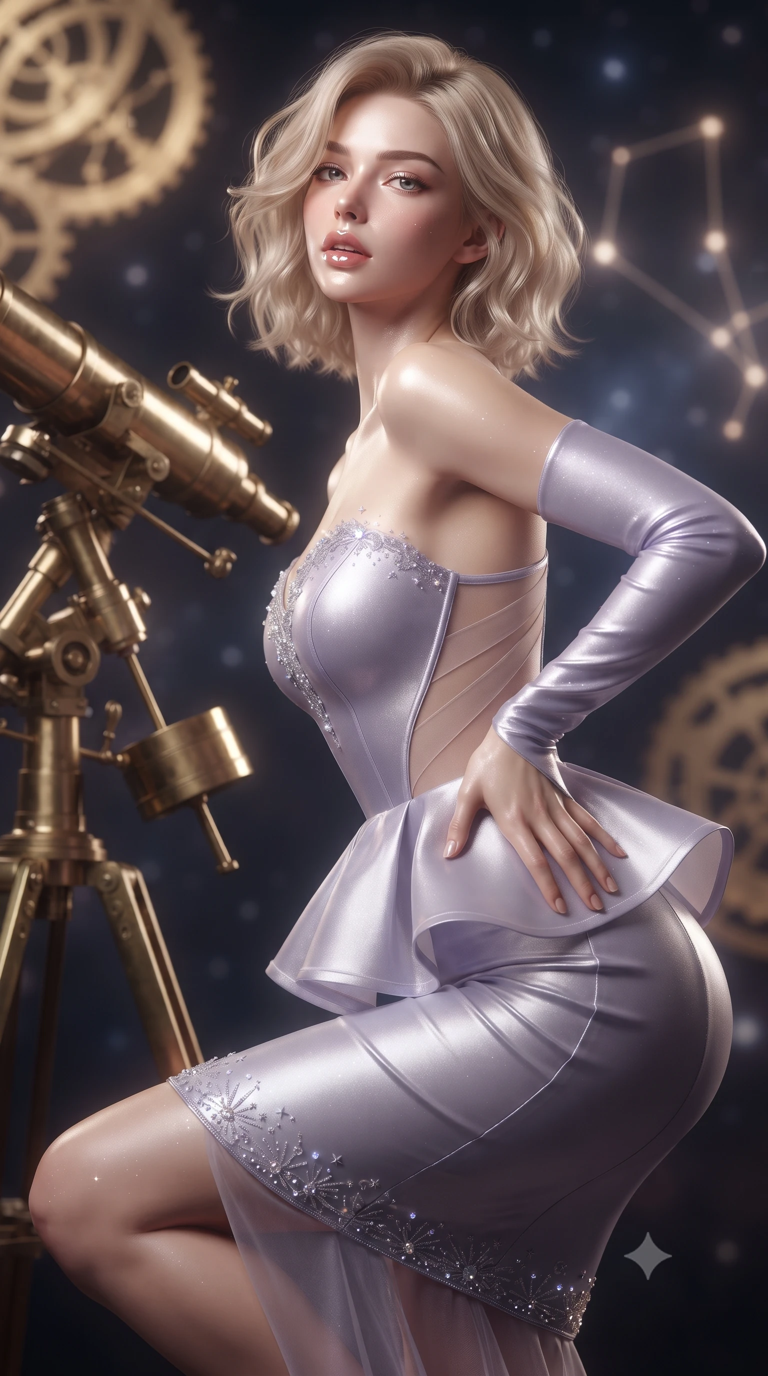 score_9, masterpiece, best quality, ultra-detailed, high-budget anime keyframe, editorial fashion photography, tasteful artistic composition, Caucasian woman. close-up cowboy shot from the waist and thighs up, the character dominates the composition, filling the frame with her large presence. resting one manicured hand delicately on her hip bone, her upper body turning in a fluid, seductive S-curve while parted lips glisten in the light while crouching gracefully beside the brass telescope mount, looking back with parted glossy lips as galactic starlight washes over her curves. The composition keeps background elements in soft focus with creamy bokeh. glowing brass astrolabe gears and constellation hologram lines softened in romantic shallow focus. She has an exceptionally elegant, slender, and willowy female figure with an ultra-slim waist, a gracefully sculpted slender torso, toned flat midriff, and rounded feminine hips creating an alluring hourglass silhouette. sharp v-shaped jawline, high-bridge nose, intricate jewel-like eyes with depth, thick eyelashes, glossy parted lips with a natural sheen, intensely captivating and seductive bedroom-eyes expression, flawlessly proportioned anatomical accuracy, strict slender model proportions, natural body alignment, perfectly sculpted long slender limbs, ultra-slim waistline, clean dynamic posture without body distortion. wearing a structural geometric peplum gown with sheer side-ribbon cutouts and form-fitting skirt in ethereal lilac mist and celestial silver, made of flexible reflective spandex and metallic webbing, featuring delicate starlight crystal embroidery along the neckline and hem, the glove-like aerodynamic silhouette tightly following the natural contour of her hips and long slender legs with statuesque precision. surrounded by a celestial, immortal, and deeply hypnotic cosmos sovereign aura. ultra-reflective glossy finish, specular highlights, rich textural contrasts, high-contrast stereoscopic depth, volumetric dynamic lighting, 2k, ultra detail, master piece, 9:16 ratio
