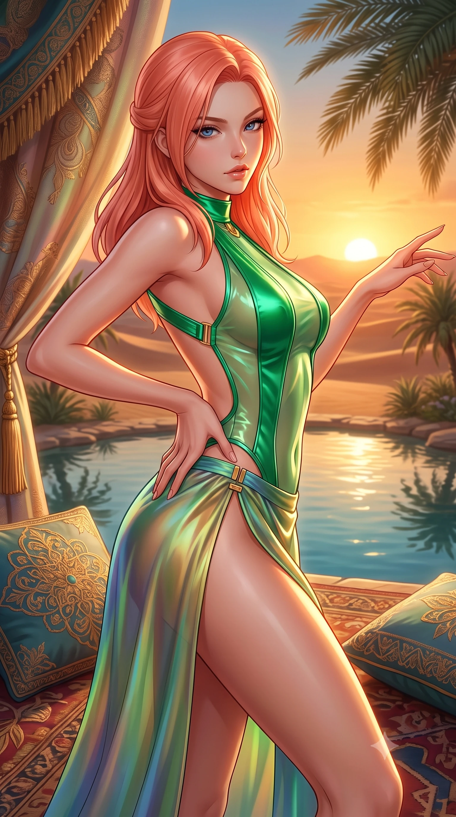 score_9, masterpiece, best quality, ultra-detailed, high-budget anime keyframe, semi-realistic 3D game render, editorial fashion photography, tasteful artistic composition, Japanese woman. close-up cowboy shot from the waist and thighs up, the character dominates the composition, filling the frame with her large presence. twisting her upper body in a dynamic S-curve with an alluring smolder, one hand trailing along her slender waist while reaching one arm gracefully toward the glowing orange horizon while looking into the camera with magnetic allure. The surrounding environment is rendered in vivid detail and crisp panoramic clarity. intricate silk embroidery textures, swaying date palm fronds, and calm oasis pool reflections in deep focus. She has an exceptionally elegant, slender, and willowy female figure with an ultra-slim waist, a gracefully sculpted slender torso, toned flat midriff, and a refined slim silhouette. sharp v-shaped jawline, high-bridge nose, intricate jewel-like eyes with depth, thick eyelashes, glossy lips with a natural sheen, flawlessly proportioned anatomical accuracy, strict slender model proportions, natural body alignment, perfectly sculpted long slender limbs, ultra-slim waistline, clean dynamic posture without body distortion. wearing a high-cut translucent vinyl leotard with front paneling, exposed side-rib cutouts, and an open back in bright emerald green satin and gold hardware, made of smooth iridescent silk chiffon that shifts colors with movement, finished with an ultra-high side slit secured by miniature magnetic clasps, the liquid-tight tailored fabric emphasizing every curve of her tall, slender model proportions and sculptured silhouette during dynamic movement. illuminated by crisp golden rim highlights sharply defining her ultra-slim waist and long legs. highly saturated vibrant anime colors, detailed shading with soft gradients, rich glossy textures, high-contrast stereoscopic depth, volumetric dynamic lighting, master piece, 9:16 ratio