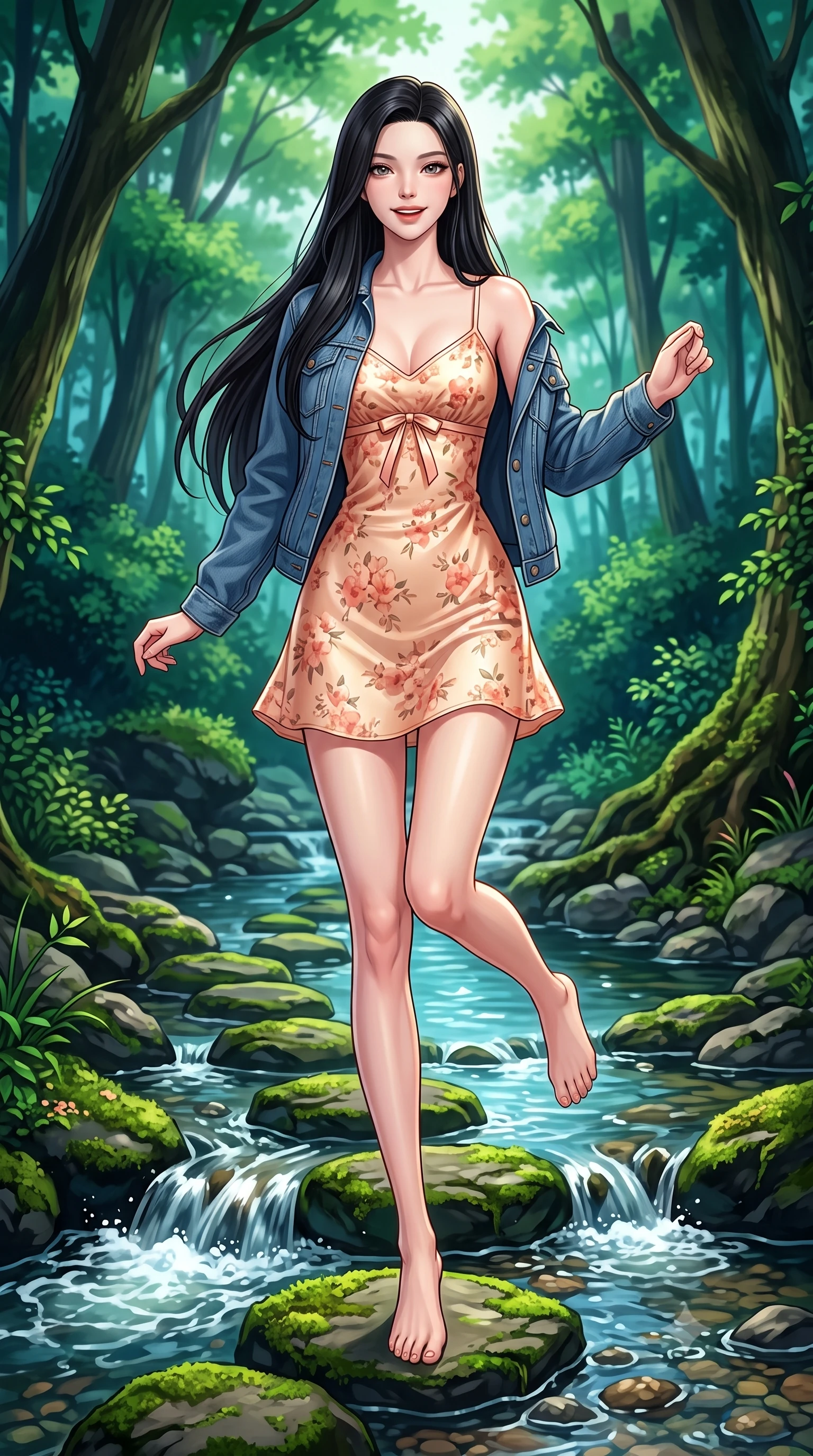 score_9, masterpiece, best quality, ultra-detailed, high-budget anime keyframe, semi-realistic 3D game render, editorial fashion photography, tasteful artistic composition, Korean woman. low angle full-body shot from head to toe showing her feet, filling the entire 9:16 vertical frame with her statuesque presence, stretching her vertical silhouette. standing poised on one leg with a playful hop and joyful expression, her long legs and slender figure highlighted against the landscape while stepping lightly across mossy stepping stones over a bubbling creek, her balance effortlessly graceful and poised. The surrounding environment is rendered in vivid detail and crisp panoramic clarity. deep woodland chiaroscuro and magical natural water sanctuary aesthetics rendered with precision. She has an absolutely perfect, statuesque 8.5-heads proportion, an exceptionally tall and slender model-like female figure with impossibly long slender legs, a toned flat midriff, and an ultra-slim waist. sharp v-shaped jawline, high-bridge nose, intricate jewel-like eyes with depth, thick eyelashes, glossy lips with a natural sheen, pure and lovely fresh girlhood expression, flawlessly proportioned anatomical accuracy, strict slender model proportions, natural body alignment, perfectly sculpted long slender limbs, ultra-slim waistline, clean dynamic posture without body distortion. wearing a classic denim jacket worn lightly over shoulders with a floral print slip dress underneath in warm peach blossom pink and champagne ivory, crafted from smooth fluid silk satin with a natural gentle sheen, accented with a dainty ribbon bow at the waistline, the tailored casual silhouette highlighting her fresh and youthful presence and perfectly proportioned slender frame. surrounded by an enchanting, whimsical, and pure fairy-tale glen maiden aura. highly saturated vibrant anime colors, detailed shading with soft gradients, rich glossy textures, high-contrast stereoscopic depth, volumetric dynamic lighting, master piece, 9:16 ratio