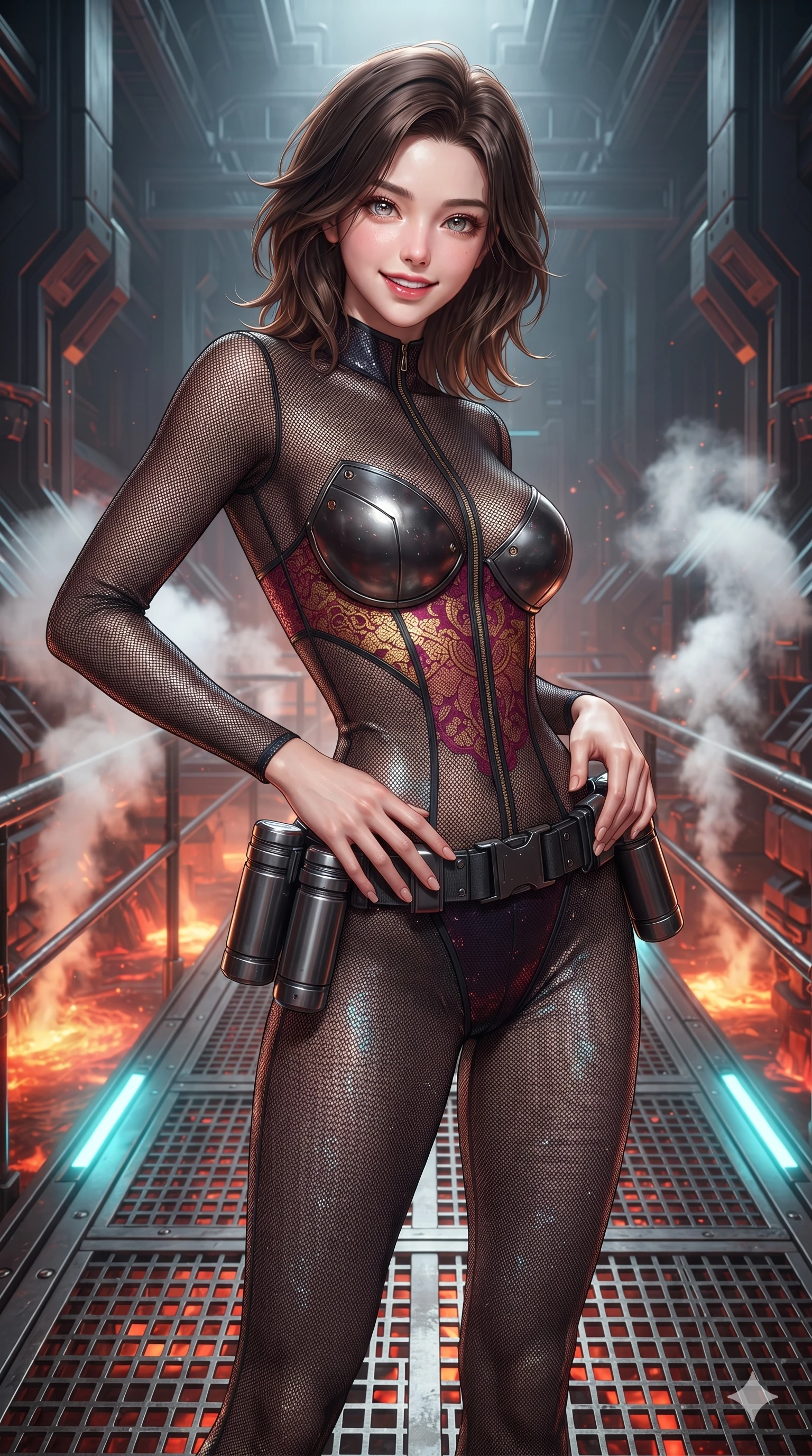 score_9, masterpiece, best quality, ultra-detailed, high-budget anime keyframe, editorial fashion photography, tasteful artistic composition, Korean woman. close-up cowboy shot from the waist and thighs up, the character dominates the composition, filling the frame with her large presence. resting both hands lightly on her tactical utility belt, arching her spine to highlight her narrow waist, flat midriff, and breathtaking collarbones while standing poised on the reinforced titanium grating catwalk overlooking subterranean magma conduits, arching her lower back with sovereign supermodel grace while geothermal steam vents hiss in dynamic bursts. The surrounding environment is rendered in vivid detail and crisp panoramic clarity: detailed high-tech combat tailoring, brushed alloy accents, and monumental geothermal architecture in razor-sharp precision. She has an exceptionally elegant, slender, and willowy female figure with an ultra-slim waist, flat toned midriff, narrow ribcage, and sculpted feminine hips creating an alluring, slim hourglass silhouette without bulk. sharp v-shaped jawline, high-bridge nose, intricate jewel-like sparkling eyes with depth, thick eyelashes, glossy parted lips with a natural sheen, bright confident smile with an enchanting and coquettish sensual glint, exuding both youthful magnetic charm and sovereign high-tech allure, flawlessly proportioned anatomical accuracy, strict slender model proportions, natural body alignment, perfectly sculpted long slender limbs, ultra-slim waistline, clean dynamic posture without body distortion. wearing a form-contouring semi-opaque dark mesh catsuit with carbon-plated cups and fine lace-pattern panels across her torso in relativistic crimson and blazing accretion gold, crafted from stretch micro-mesh with liquid foil coating that shimmers with every movement, accented with a sleek utility belt with polished magnetic canisters resting loosely on her curvy hips, the form-contouring cut accentuating her sculpted flat midriff, narrow delicate ribcage, and gracefully curvy hips with cybernetic supermodel precision. bathed in the intense warm 2200K furnace glow of subterranean plasma conduits mixed with cool cyan emergency strip lights. ultra-reflective glossy finish, specular highlights, rich textural contrasts, high-contrast stereoscopic depth, volumetric dynamic lighting, 2k, ultra detail, master piece, 9:16 ratio