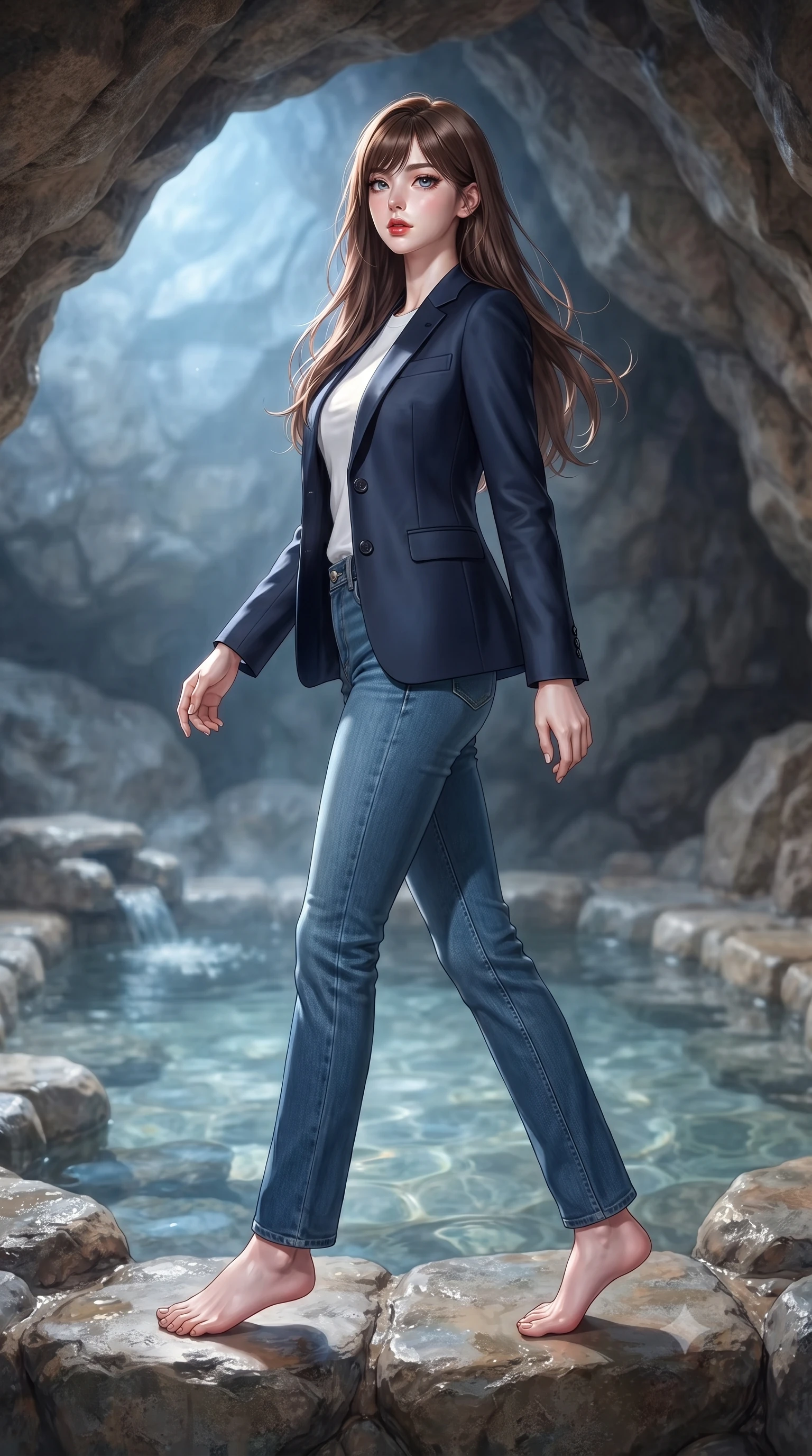 score_9, masterpiece, best quality, ultra-detailed, high-budget anime keyframe, editorial fashion photography, tasteful artistic composition, Korean woman woman. low angle full-body shot from head to toe showing her feet, filling the entire 9:16 vertical frame with her statuesque presence, stretching her vertical silhouette. stepping gracefully while looking back over her shoulder, her dress draped tightly to reveal her silhouette the background shows a soft-focus a private stone bath pool built inside a natural rock cave with clear mineral water. She has an absolutely perfect, statuesque 8.5-heads proportion, an exceptionally tall and slender model-like female figure with impossibly long slender legs and an ultra-slim waist. sharp v-shaped jawline, high-bridge nose, intricate jewel-like eyes with depth, thick eyelashes, glossy lips with a natural sheen. wearing a body-hugging classic navy blue blazer over a white crewneck shirt and straight-leg blue jeans. soft blue light reflecting from the pool water onto the rocky cave ceiling. ultra-reflective glossy finish, specular highlights, metallic sheen, high-contrast stereoscopic depth, volumetric dynamic lighting, 2k, ultra detail, master piece, 9:16 ratio