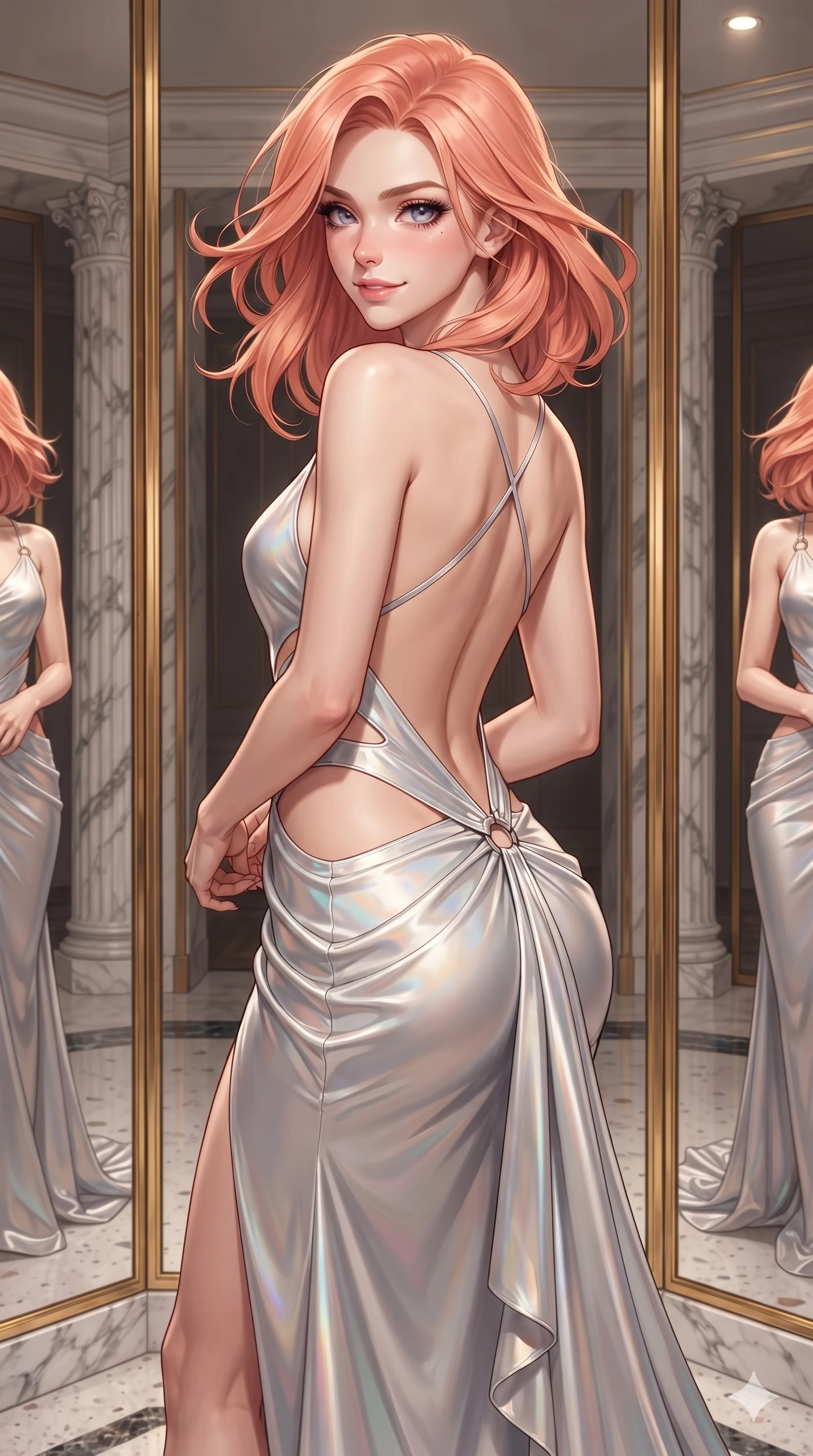 score_9, masterpiece, best quality, ultra-detailed, high-budget anime keyframe, editorial fashion photography, tasteful artistic composition, Japanese woman. close-up cowboy shot from the waist and thighs up, the character dominates the composition, filling the frame with her large presence. turning over a bare shoulder with an intoxicating, teasing smile, her soft hair framing her sharp jawline as her hips angle gracefully in a captivating contrapposto while turning slowly with an enchanting smoldering smile, her glossy hair tossing in the breeze as her hips angle gracefully before floor-to-ceiling gilded mirrors. The surrounding environment is rendered in vivid detail and crisp panoramic clarity: sharp fluted marble column carving, ornate gilded mirror frame scrolls, and mirror-polished terrazzo floor reflections in deep focus. She has an exceptionally elegant, slender, and willowy female figure with an ultra-slim waist, flat toned midriff, narrow ribcage, and sculpted feminine hips creating an alluring, slim hourglass silhouette without bulk. sharp v-shaped jawline, high-bridge nose, intricate jewel-like eyes with depth, thick eyelashes, glossy parted lips with a natural sheen, intensely captivating and seductive bedroom-eyes expression, flawlessly proportioned anatomical accuracy, strict slender model proportions, natural body alignment, perfectly sculpted long slender limbs, ultra-slim waistline, clean dynamic posture without body distortion. wearing an open-back duchess satin gala gown with dramatic hip-hugging drape and cascading trailing hem in iridescent mother-of-pearl and liquid molten silver, adorned with delicate chrome ring hardware and cutouts along her slender waist, finished with criss-cross back satin straps highlighting her graceful shoulder blades, the liquid-tight tailored fabric clinging flawlessly to her narrow waist and rounded feminine hips, emphasizing every millimeter of her sculpted slim hourglass curves without any bulky heaviness. sharp directional spotlights sculpting her razor-sharp jawline, narrow waist, and curvy hips. ultra-reflective glossy finish, specular highlights, rich textural contrasts, high-contrast stereoscopic depth, volumetric dynamic lighting, 2k, ultra detail, master piece, 9:16 ratio