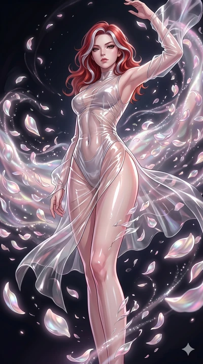 score_9, masterpiece, best quality, ultra-detailed, High-budget Anime Keyframe, East Asian woman. Low angle cowboy shot filling the entire 9:16 frame with her statuesque presence. Scenario 81: Dissolving into a cloud of iridescent silk petals in a vo