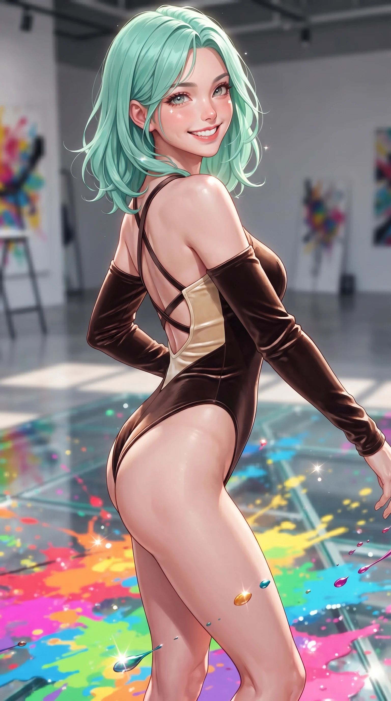 score_9, masterpiece, best quality, ultra-detailed, high-budget anime keyframe, editorial fashion photography, tasteful artistic composition, Japanese woman. close-up cowboy shot from the waist and thighs up, the character dominates the composition, filling the frame with her large presence, background elements kept in soft focus. Radiant bright smile with sparkling eyes directed right into the lens, her torso turning in a dynamic S-curve alignment while pivoting gracefully on a reflective glass floor drenched in vibrant multi-color paint splashes, paint droplets catching sharp specular highlights as she turns with a beaming smile. She has an exceptionally elegant, slender, and willowy female figure with an ultra-slim waist, a gracefully sculpted slender torso, and a refined silhouette. sharp v-shaped jawline, high-bridge nose, intricate jewel-like eyes with depth, thick eyelashes, glossy lips with a natural sheen, flawlessly proportioned anatomical accuracy, natural body alignment, perfectly sculpted elegant limbs, clean dynamic posture without body distortion. wearing an asymmetrical high-cut tech-bodysuit with detached sleeves in espresso brown and warm cream, made of premium stretch velvet with a rich sheen, complemented by criss-cross back straps highlighting her bare shoulders, the tailored fabric tightly following every curve of her athletic build. bathed in high-contrast vibrant studio lighting with sharp cheerful specular highlights. ultra-reflective glossy finish, specular highlights, metallic sheen, high-contrast stereoscopic depth, volumetric dynamic lighting, 2k, ultra detail, master piece, 9:16 ratio