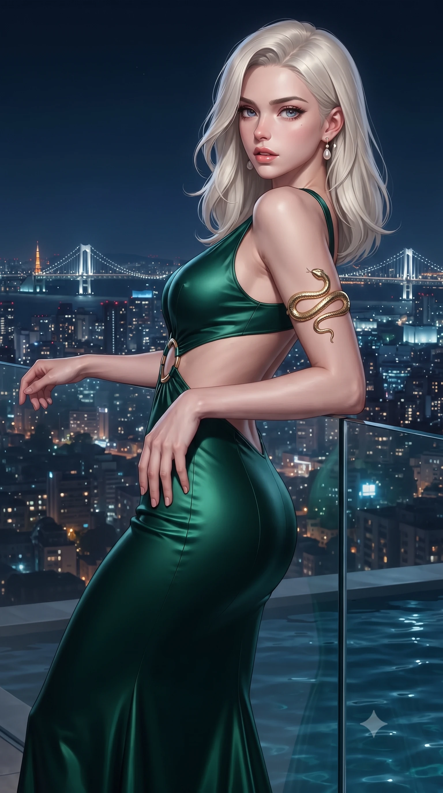 score_9, masterpiece, best quality, ultra-detailed, high-budget anime keyframe, editorial fashion photography, tasteful artistic composition, Caucasian woman. close-up cowboy shot from the waist and thighs up, the character dominates the composition, filling the frame with her large presence. arching her spine backward with effortless dancer poise, one hand sliding along her hip line as directional light carves specular highlights along her silhouette while leaning against the seamless glass balcony barrier overlooking a 360-degree glittering city skyline, hips cocked back in a seductive S-curve as she looks over her shoulder. The surrounding environment is rendered in vivid detail and crisp panoramic clarity. detailed skyscraper skyline panoramas, distant suspension bridges, and pool water ripples in high resolution. She has an exceptionally elegant, slender, and willowy female figure with an ultra-slim waist, a gracefully sculpted slender torso, toned flat midriff, and rounded feminine hips creating an alluring hourglass silhouette. sharp v-shaped jawline, high-bridge nose, intricate jewel-like eyes with depth, thick eyelashes, glossy parted lips with a natural sheen, intensely captivating and seductive bedroom-eyes expression, flawlessly proportioned anatomical accuracy, strict slender model proportions, natural body alignment, perfectly sculpted long slender limbs, ultra-slim waistline, clean dynamic posture without body distortion. wearing a sculptured strapless velvet evening gown with an open-waist ring cutout and body-hugging mermaid silhouette in deep emerald green satin and gold hardware, crafted from second-skin supple lambskin leather with specular sheen, accented with a sculptured gold serpent armlet and pearl drop earrings, the form-contouring material adhering flawlessly to her sculpted flat midriff and slender torso, emphasizing her long leg lines and perfectly proportioned willowy build. surrounded by a cosmopolitan, elite, and intensely magnetic modern royalty aura. ultra-reflective glossy finish, specular highlights, rich textural contrasts, high-contrast stereoscopic depth, volumetric dynamic lighting, 2k, ultra detail, master piece, 9:16 ratio