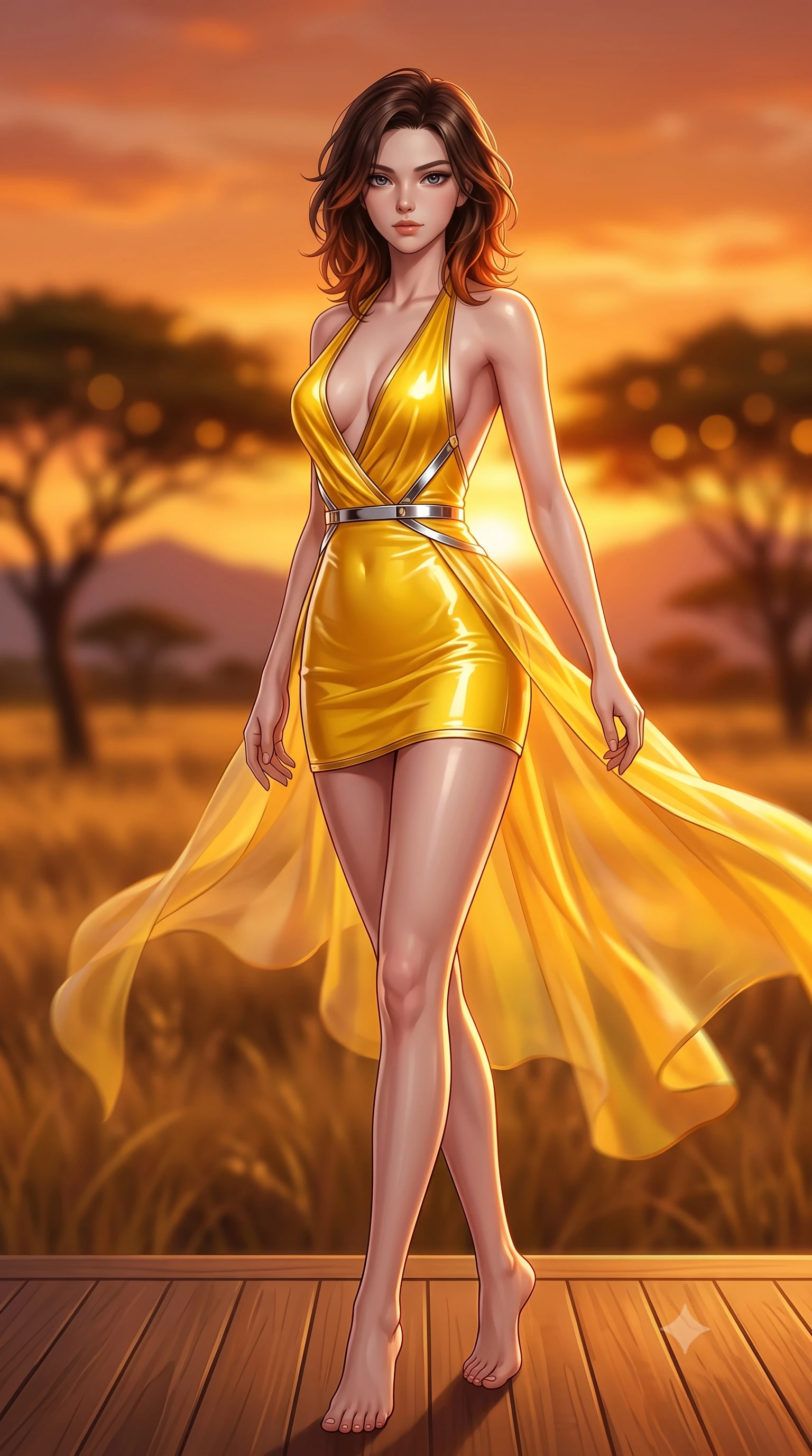 score_9, masterpiece, best quality, ultra-detailed, high-budget anime keyframe, semi-realistic 3D game render, editorial fashion photography, tasteful artistic composition, Korean woman. low angle full-body shot from head to toe showing her feet, filling the entire 9:16 vertical frame with her statuesque presence, stretching her vertical silhouette. pivoting dynamically in mid-motion with a breathtakingly alluring posture, displaying her flawless model proportions and ultra-slim waist while standing with sovereign grace on a teak viewing deck as golden evening winds billow her sheer chiffon drapes against the sunset. The composition keeps background elements in soft focus with creamy bokeh. golden savannah grasslands and silhouetted acacia trees blurred into rich amber and fiery orange bokeh. She has an absolutely perfect, statuesque 8.5-heads proportion, an exceptionally tall and slender model-like female figure with impossibly long slender legs, a toned flat midriff, and an ultra-slim waist. sharp v-shaped jawline, high-bridge nose, intricate jewel-like eyes with depth, thick eyelashes, glossy lips with a natural sheen, flawlessly proportioned anatomical accuracy, strict slender model proportions, natural body alignment, perfectly sculpted long slender limbs, ultra-slim waistline, clean dynamic posture without body distortion. wearing a form-contouring liquid satin halter-neck mini dress with a deep crossover cowl front, open back, and ultra-slender waist drape in vibrant sunburst canary yellow and gold trim, crafted from ultra-reflective second-skin latex with a high-gloss glass-like polish, reinforced by a sleek metallic chrome harness and delicate glowing micro-straps, the glove-like aerodynamic second-skin fit tightly clinging to her ultra-slender waist and athletic curves without adding bulk, accentuating her razor-sharp statuesque lines and slim hourglass silhouette. illuminated by crisp golden rim highlights sharply defining her ultra-slim waist, long legs, and flat midriff. highly saturated vibrant anime colors, detailed shading with soft gradients, rich glossy textures, high-contrast stereoscopic depth, volumetric dynamic lighting, master piece, 9:16 ratio