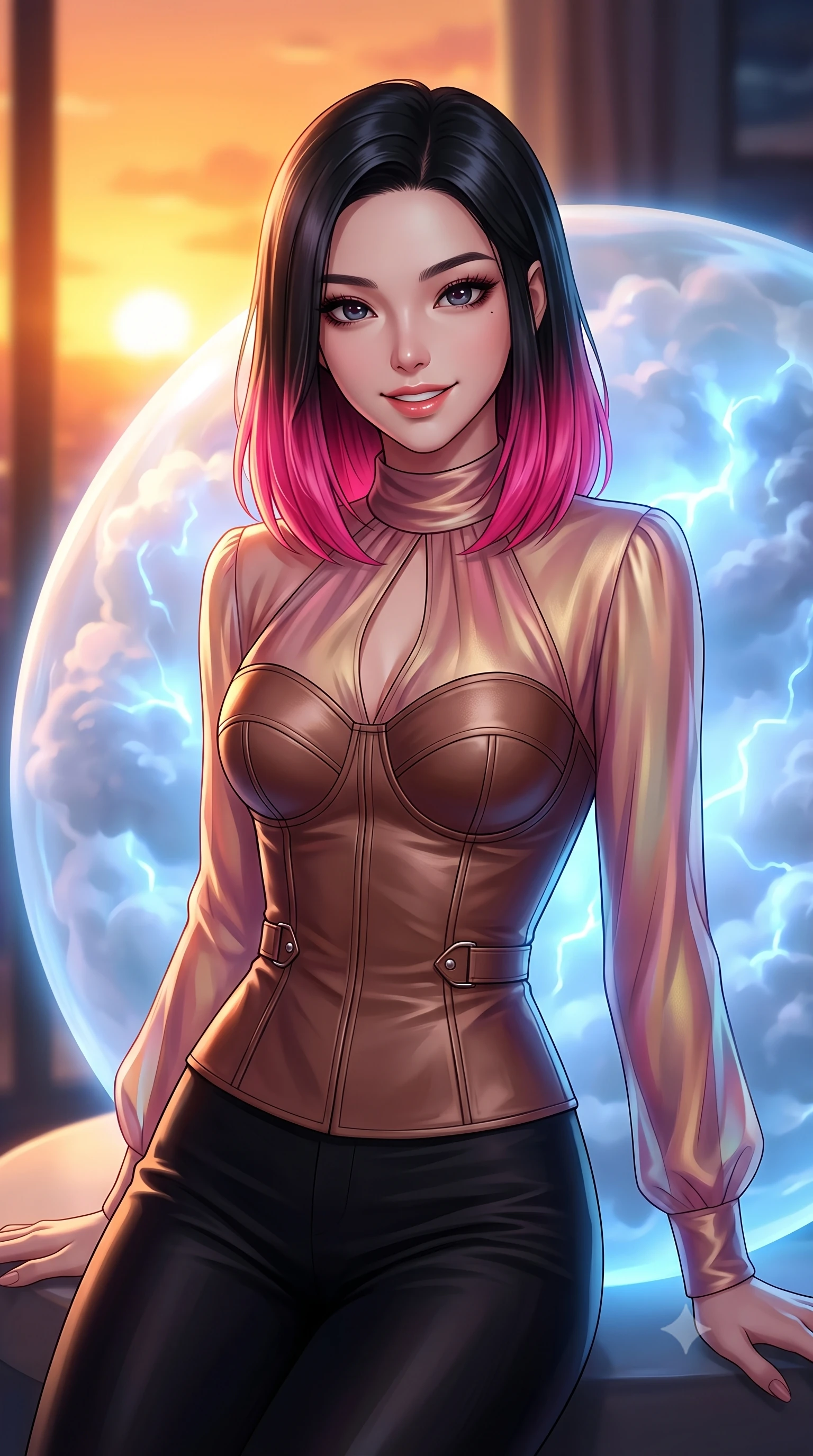 score_9, masterpiece, best quality, ultra-detailed, high-budget anime keyframe, editorial fashion photography, tasteful artistic composition, Korean woman. close-up cowboy shot from the waist and thighs up, the character dominates the composition, filling the frame with her large presence, background elements kept in soft focus. Smiling with quiet, magnetic self-assurance directly into the lens resting near a glowing cloud sphere emitting soft electric blue pulses, dramatic contrast of warm golden sunset outside and cool electric blue inside. She has an exceptionally elegant, slender, and willowy female figure with an ultra-slim waist, a gracefully sculpted slender torso, and a refined silhouette. sharp v-shaped jawline, high-bridge nose, intricate jewel-like eyes with depth, thick eyelashes, glossy lips with a natural sheen. wearing a tailored leather bustier over a sheer silk chiffon blouse in dusty rose and champagne gold, crafted from iridescent chiffon that shifts colors in the light, accented with a Tasteful chest slit framing her clavicle gracefully, the glove-like fit emphasizing her statuesque silhouette. illuminated by soft internal cloud lightning and golden sunset backlighting. highly saturated vibrant anime colors, detailed shading with soft gradients, rich glossy textures, high-contrast stereoscopic depth, volumetric dynamic lighting, master piece, 9:16 ratio