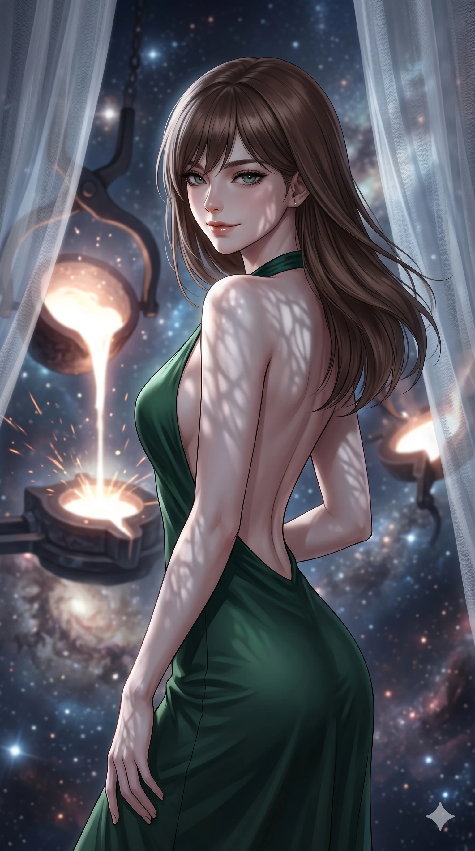 score_9, masterpiece, best quality, ultra-detailed, high-budget anime keyframe, editorial fashion photography, tasteful artistic composition, Korean woman. close-up cowboy shot from the waist and thighs up, the character dominates the composition, filling the frame with her large presence, background elements kept in soft focus. Glancing sidelong over her shoulder with a smoldering half-smile. set against a soft-focus background of a cosmic smithy where new stars are forged in massive crucibles of dark matter molten stellar material glowing white-hot as it is poured into celestial molds by gravitational tongs sparks of nuclear fusion flying. She has an exceptionally elegant and slender, willowy female figure with an ultra-slim waist, a gracefully sculpted slender torso, and a refined slim physique. sharp v-shaped jawline, high-bridge nose, intricate jewel-like eyes with depth, thick eyelashes, glossy lips with a natural sheen. wearing a backless halter-neck silk dress in deep forest green, flowing elegantly along her slender figure. cold silver moonlight filtered through translucent gossamer curtains casting delicate shadows. 2k, ultra detail, master piece, 9:16 ratio