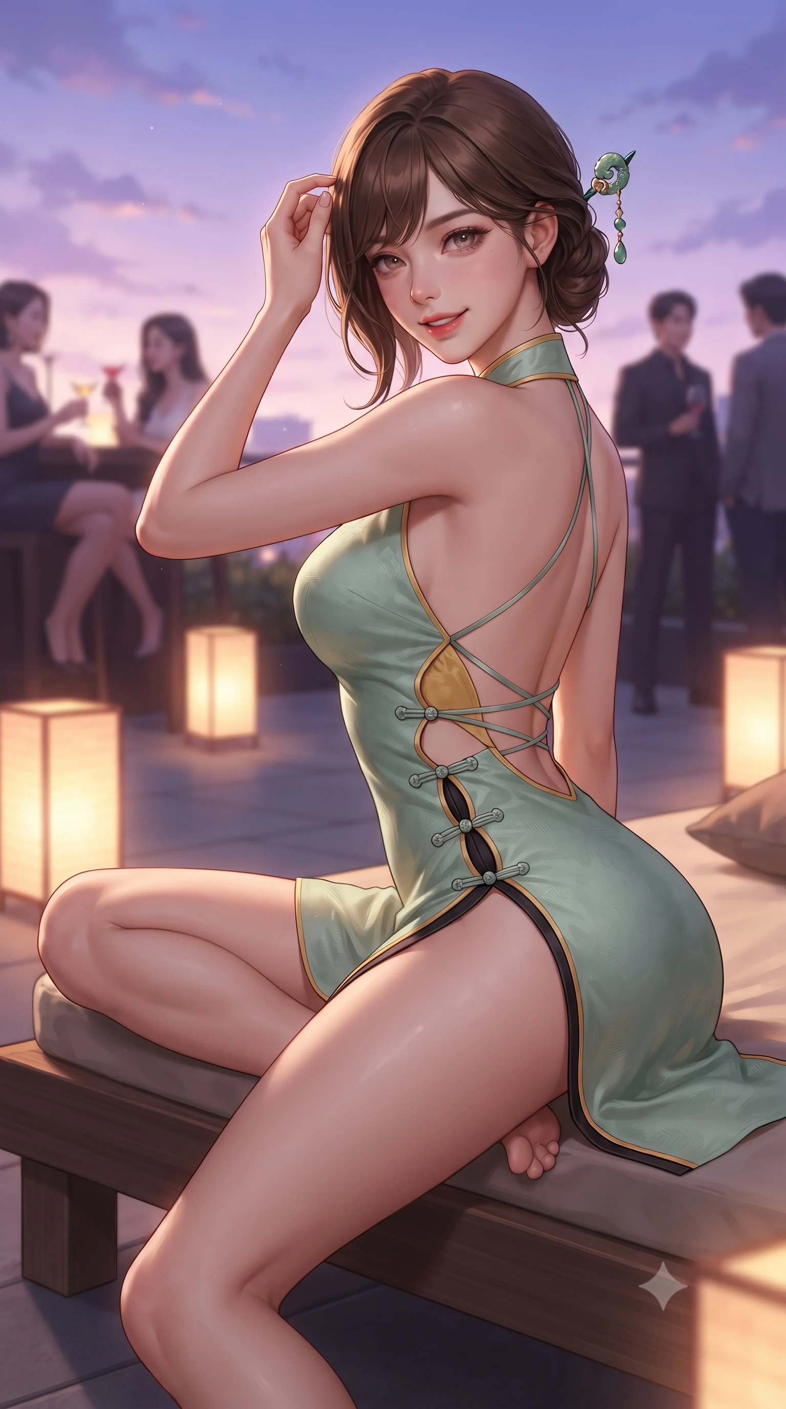 score_9, masterpiece, best quality, ultra-detailed, high-budget anime keyframe, editorial fashion photography, tasteful artistic composition, Korean woman. close-up cowboy shot from the waist and thighs up, the character dominates the composition, filling the frame with her large presence. tilting her head with an alluring smile while arching her spine with dancer poise, one hand touching her ornate jade hairpin in a flirtatious S-curve while lounging on an outdoor low wooden daybed propped on one elbow with one knee bent, her flat midriff and hourglass curves radiant in twilight glow. The background shows a soft-focus glowing hanji paper floor lanterns and chic rooftop cocktail patrons softened in trendy Seoul shallow focus. She has an exceptionally elegant, slender, and willowy female figure with an ultra-slim waist, flat toned midriff, narrow ribcage, and sculpted feminine hips creating an alluring, slim hourglass silhouette without bulk. sharp v-shaped jawline, high-bridge nose, intricate jewel-like dark sparkling almond eyes with depth, thick lashes, glossy parted lips with a natural rose-plum sheen, bright alluring and coquettish smile with bedroom-eyes, exuding both timeless oriental elegance and sovereign high-fashion allure, flawlessly proportioned anatomical accuracy, strict slender model proportions, natural body alignment, perfectly sculpted long slender limbs, ultra-slim waistline, clean dynamic posture without body distortion. wearing a backless halter qipao mini dress with delicate frog-button closures and side waist cutouts framing her hourglass curves in antique saffron gold and ebony black, tailored from smooth celadon raw silk with natural organic slub texture, finished with criss-cross back satin laces tracing her slender spine, the precision-cut side hip slits and low-back scoop framing her graceful spine and the sensual sweep of her slim, toned hips. bathed in glowing violet and rose-gold twilight sky radiance contrasting with warm rooftop lanterns. ultra-reflective glossy finish, specular highlights, rich textural contrasts, high-contrast stereoscopic depth, volumetric dynamic lighting, 2k, ultra detail, master piece, 9:16 ratio
