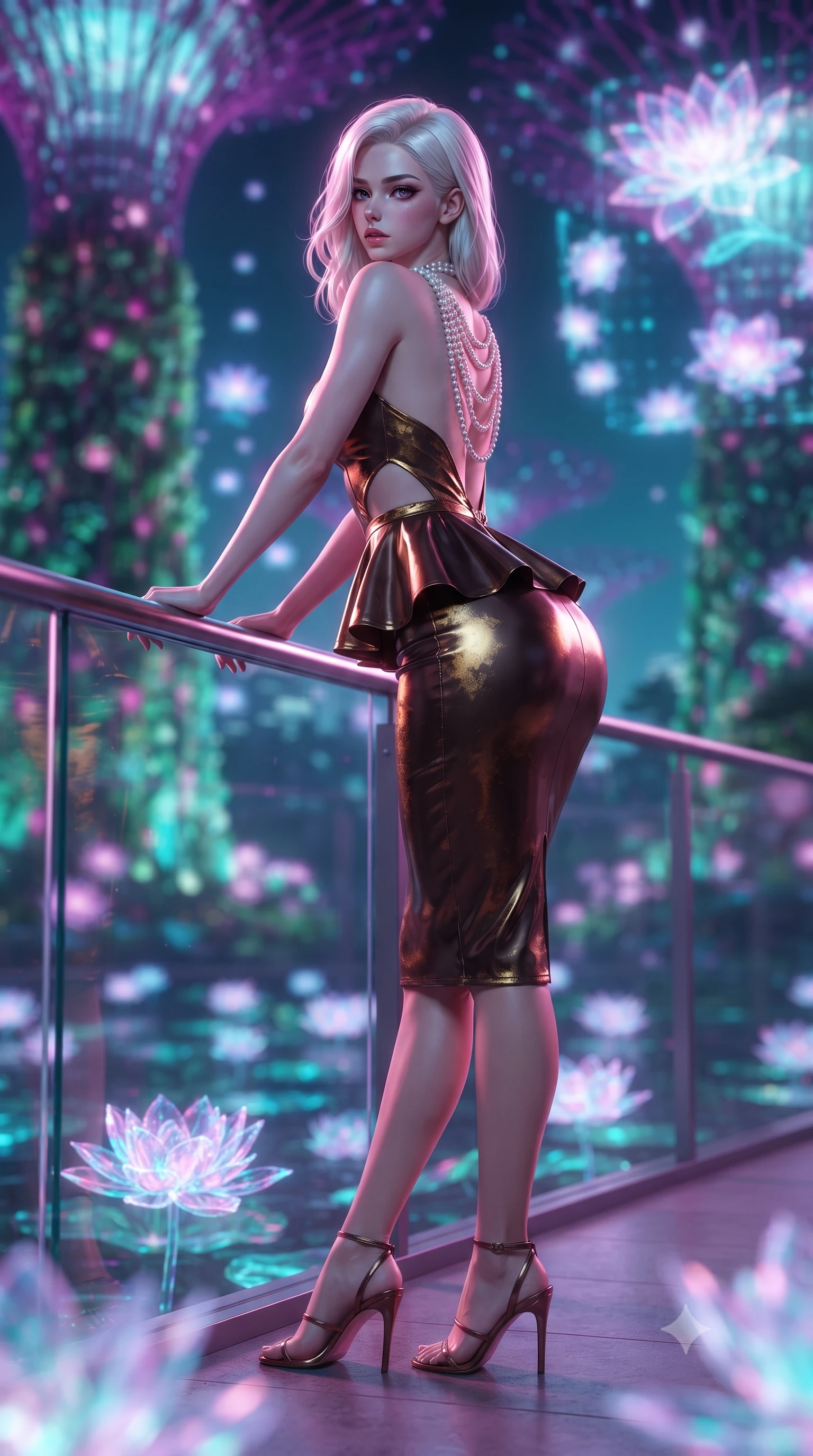score_9, masterpiece, best quality, ultra-detailed, high-budget anime keyframe, editorial fashion photography, tasteful artistic composition, Caucasian woman. low angle full-body shot from head to toe showing her feet, filling the entire 9:16 vertical frame with her statuesque presence, stretching her vertical silhouette. striding forward in a proud supermodel runway stride, hips swaying in an alluring kinetic rhythm that accentuates her curvy hourglass silhouette while leaning deep against the transparent skybridge railing with hips cocked back, looking over her bare shoulder with bedroom-eyes as holographic lotus flowers bloom below. The composition keeps background elements in soft focus with creamy bokeh. towering illuminated vertical gardens and floating holographic floral light grids blurred into electric magenta, turquoise, and violet bokeh. She has an exceptionally tall and slender model-like 8.5-heads proportion, an ultra-slim waist, a flat toned midriff, narrow delicate ribcage, and beautifully sculpted feminine hips creating a graceful, slim hourglass silhouette without any bulky heaviness, with impossibly long slender legs. sharp v-shaped jawline, high-bridge nose, intricate jewel-like eyes with depth, thick eyelashes, glossy parted lips with a natural sheen, intensely captivating and seductive bedroom-eyes expression, flawlessly proportioned anatomical accuracy, strict slender model proportions, natural body alignment, perfectly sculpted long slender limbs, ultra-slim waistline, clean dynamic posture without body distortion. wearing a modern peplum corset dress with side-waist diamond cutouts and an ultra-tight silhouette in dark espresso brown and molten gold foil, tailored from ultra-smooth duchess satin with a pearlescent sheen, accented with a multi-strand pearl back necklace cascading down her bare spine to her hips, the second-skin form-contouring cut accentuating her sculpted flat midriff, narrow delicate ribcage, and gracefully curvy hips with supermodel precision. bathed in rich magenta and cyan bioluminescent light contrasting with warm tropical ambient twilight. ultra-reflective glossy finish, specular highlights, rich textural contrasts, high-contrast stereoscopic depth, volumetric dynamic lighting, 2k, ultra detail, master piece, 9:16 ratio