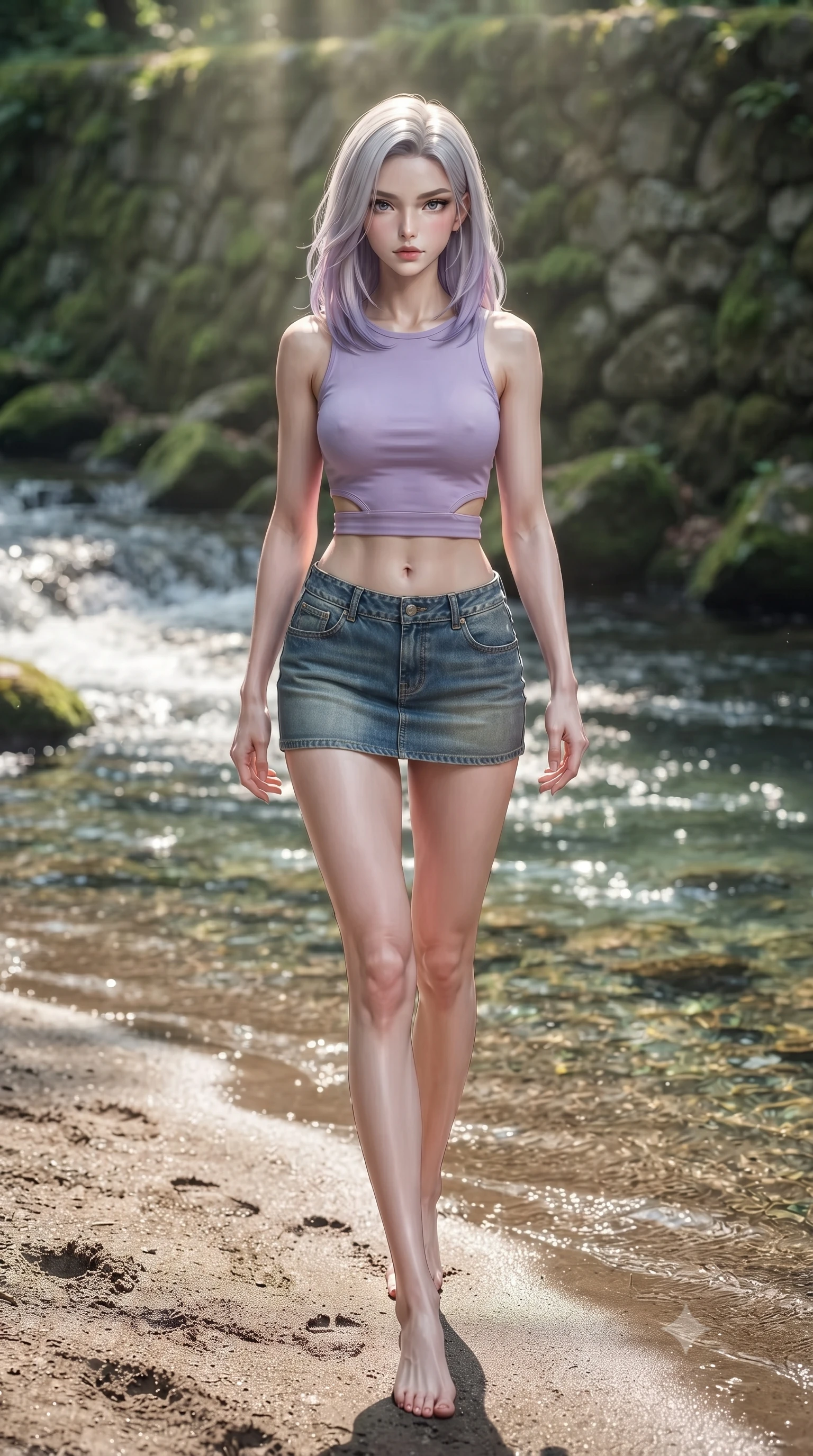 score_9, masterpiece, best quality, ultra-detailed, high-budget anime keyframe, editorial fashion photography, tasteful artistic composition, Caucasian woman woman. low angle full-body shot from head to toe showing her feet, filling the entire 9:16 vertical frame with her statuesque presence, stretching her vertical silhouette. walking slowly along the shoreline, leaving footprints in the wet sand the background shows a soft-focus a mossy stone bank beside a bubbling forest stream with clear running water. She has an absolutely perfect, statuesque 8.5-heads proportion, an exceptionally tall and slender model-like female figure with impossibly long slender legs and an ultra-slim waist. sharp v-shaped jawline, high-bridge nose, intricate jewel-like eyes with depth, thick eyelashes, glossy lips with a natural sheen. wearing a form-contouring modern crop top in lavender cotton paired with a low-rise denim skirt and a subtle waist cut-out. dappled sunbeams reflecting off the moving water surface onto her form. ultra-reflective glossy finish, specular highlights, metallic sheen, high-contrast stereoscopic depth, volumetric dynamic lighting, 2k, ultra detail, master piece, 9:16 ratio