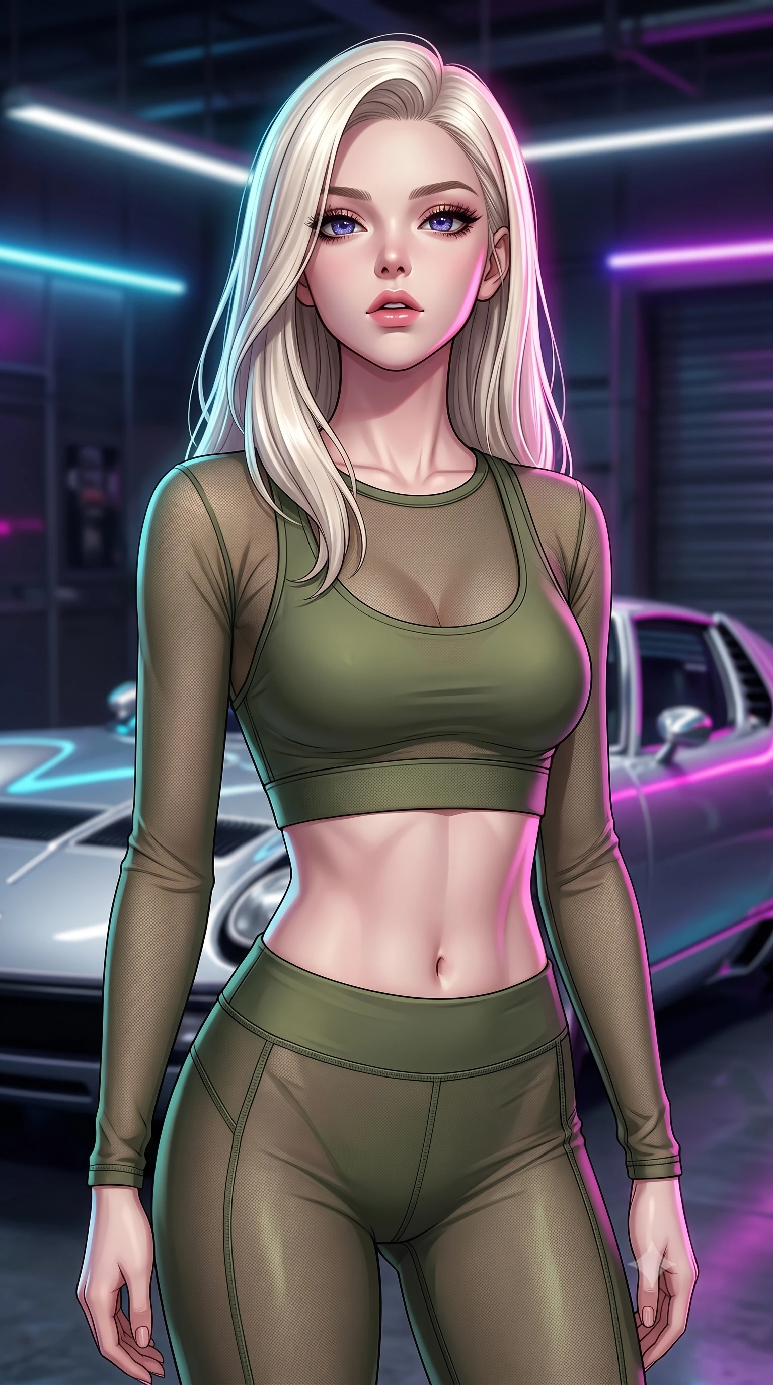 score_9, masterpiece, best quality, ultra-detailed, high-budget anime keyframe, editorial fashion photography, tasteful artistic composition, Caucasian woman. close-up cowboy shot from the waist and thighs up, the character dominates the composition, filling the frame with her large presence, background elements kept in soft focus. tilting her chin up slightly with lips parted in a composed, provocative expression the background shows a soft-focus a private high-tech garage with a sleek silver classic supercar and neon lights. She has an exceptionally elegant, slender, and willowy female figure with an ultra-slim waist, a gracefully sculpted slender torso, and a refined silhouette. sharp v-shaped jawline, high-bridge nose, intricate jewel-like eyes with depth, thick eyelashes, glossy lips with a natural sheen. wearing a form-contouring sheer mesh long-sleeve crop top in olive green, worn over a matching sports bra and leggings. neon rim lights reflecting off the metallic paint and chrome surfaces. ultra-reflective glossy finish, specular highlights, metallic sheen, high-contrast stereoscopic depth, volumetric dynamic lighting, 2k, ultra detail, master piece, 9:16 ratio