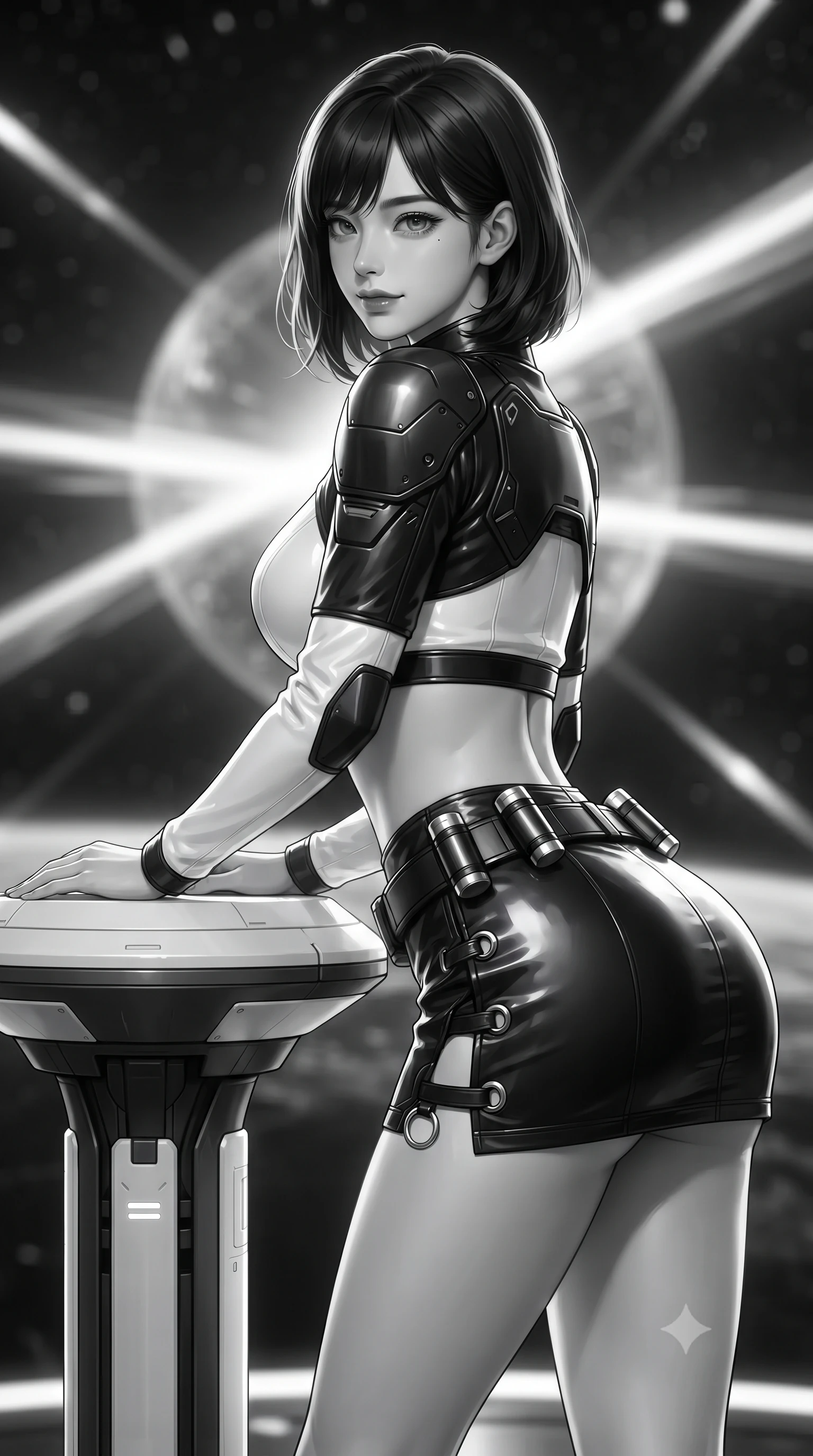 score_9, masterpiece, best quality, ultra-detailed, high-budget anime keyframe, editorial fashion photography, tasteful artistic composition, Korean woman. close-up cowboy shot from the waist and thighs up, the character dominates the composition, filling the frame with her large presence. resting both hands lightly on the holoscreen pedestal while leaning toward the lens with a teasing smirk, her tight combat suit hugging her narrow waist and feminine hip curve while leaning against the gravity-stabilizer pedestal with hips cocked back, looking back over a bare shoulder with fearless, intoxicating bedroom-eyes. The background shows a soft-focus relativistic jet beams shooting into infinity and quantum shielding fields softened in mind-bending cosmic shallow focus. She has an exceptionally elegant, slender, and willowy female figure with an ultra-slim waist, flat toned midriff, narrow ribcage, and sculpted feminine hips creating an alluring, slim hourglass silhouette without bulk. sharp v-shaped jawline, high-bridge nose, intricate jewel-like sparkling eyes with depth, thick eyelashes, glossy parted lips with a natural sheen, bright confident smile with an enchanting and coquettish sensual glint, exuding both youthful magnetic charm and sovereign high-tech allure, flawlessly proportioned anatomical accuracy, strict slender model proportions, natural body alignment, perfectly sculpted long slender limbs, ultra-slim waistline, clean dynamic posture without body distortion. wearing a modern mecha-suit two-piece set featuring a cropped armored bolero top and micro tactical skirt with chrome rings in dual-tone high-contrast monochrome black and stark white, formed from supple thermal silicone composite adhering seamlessly like a second skin, accented with a sleek utility belt with polished magnetic canisters resting loosely on her curvy hips, the form-fitting tactical tailoring adhering flawlessly to her sculpted flat midriff and slender torso, emphasizing her long leg lines and perfectly proportioned willowy build. illuminated by cabin instrument fills and sharp molten-gold rim lights defining her razor-sharp jawline, narrow waist, and curvy hips. ultra-reflective glossy finish, specular highlights, rich textural contrasts, high-contrast stereoscopic depth, volumetric dynamic lighting, 2k, ultra detail, master piece, 9:16 ratio