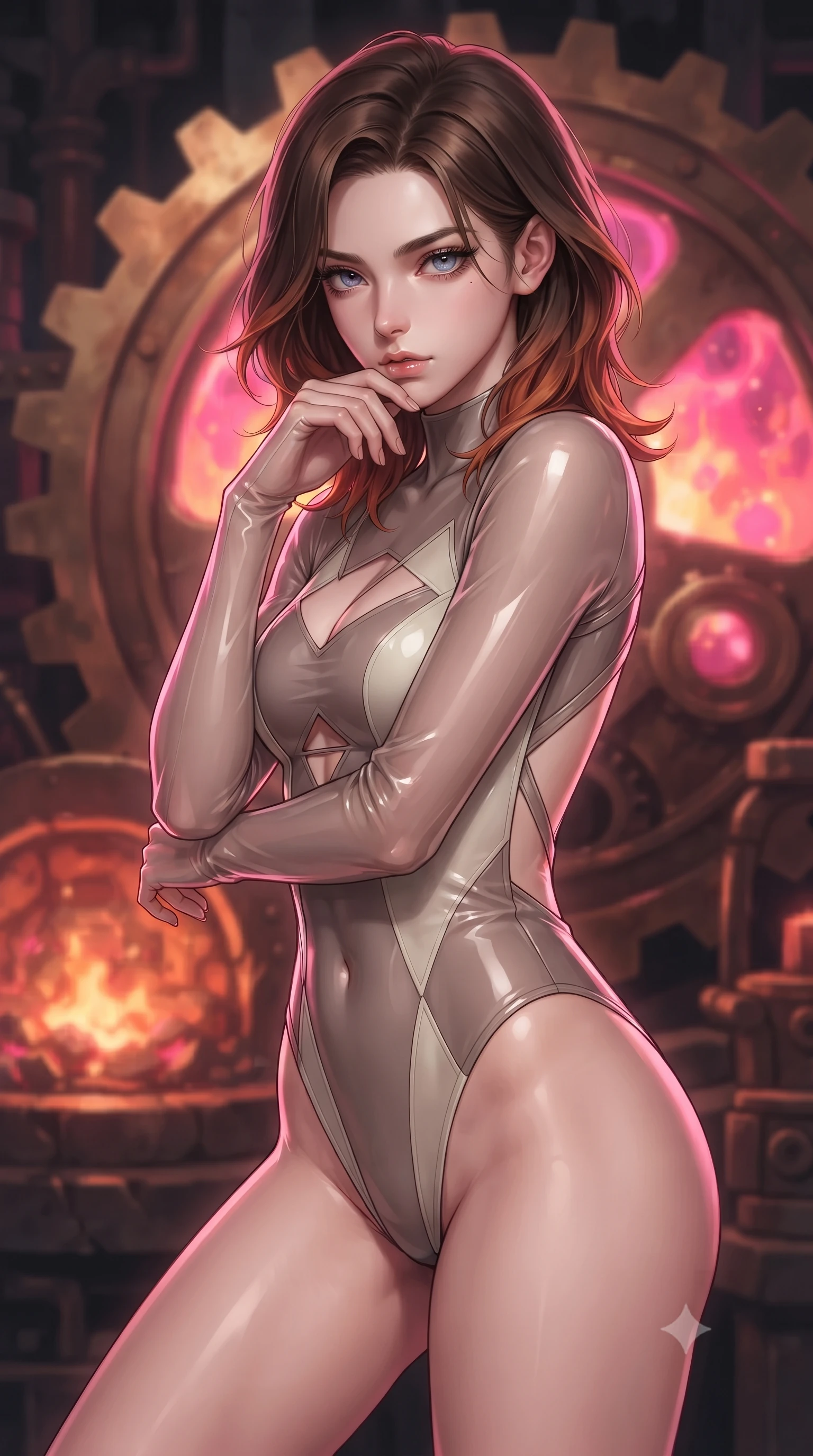 score_9, masterpiece, best quality, ultra-detailed, high-budget anime keyframe, editorial fashion photography, tasteful artistic composition, Korean woman. close-up cowboy shot from the waist and thighs up, the character dominates the composition, filling the frame with her large presence, background elements kept in soft focus. Resting her chin on the backs of her fingers, casting a sharp, mysterious gaze resting against a giant bronze gear as warm furnace embers glow nearby, boiling liquid aurora energy radiating intense hot pink and orange light. She has an exceptionally elegant, slender, and willowy female figure with an ultra-slim waist, a gracefully sculpted slender torso, and a refined silhouette. sharp v-shaped jawline, high-bridge nose, intricate jewel-like eyes with depth, thick eyelashes, glossy lips with a natural sheen. wearing a high-cut translucent vinyl leotard with front paneling and open back in muted taupe and soft ivory, made of premium stretch velvet with a rich sheen, featuring subtle geometric cutouts that highlight her ultra-slim midriff, the glove-like fit emphasizing her statuesque silhouette. bathed in hot pink and orange furnace glow with sharp bronze specular highlights. highly saturated vibrant anime colors, detailed shading with soft gradients, rich glossy textures, high-contrast stereoscopic depth, volumetric dynamic lighting, master piece, 9:16 ratio