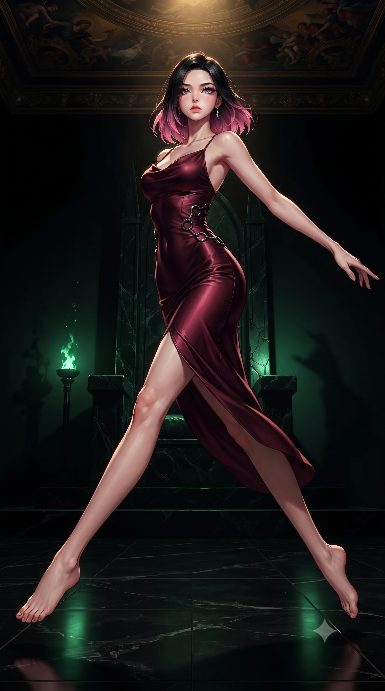 score_9, masterpiece, best quality, ultra-detailed, high-budget anime keyframe, editorial fashion photography, tasteful artistic composition, Korean woman. low angle full-body shot from head to toe showing her feet, filling the entire 9:16 vertical frame with her statuesque presence, stretching her vertical silhouette. leaping dynamically through the pitch-black void, her posture full of power and elegance, walking across a pitch-black marble floor beneath dark gold ceiling frescoes, dramatic green firelight casting eerie shadows across the obsidian throne. She has an absolutely perfect, statuesque 8.5-heads proportion, an exceptionally tall and slender model-like female figure with impossibly long slender legs and an ultra-slim waist. sharp v-shaped jawline, high-bridge nose, intricate jewel-like eyes with depth, thick eyelashes, glossy lips with a natural sheen. wearing form-contouring dark crimson liquid silk long slip dress in smoky pitch black, made of liquid dark mercury jersey, trimmed with dark chrome ring hardware along the waist contours, accentuating her gracefully sculpted slender torso. bathed in warm gold and cool green firelight contrast against black shadows. highly saturated vibrant anime colors, detailed shading with soft gradients, rich glossy textures, high-contrast stereoscopic depth, volumetric dynamic lighting, master piece, 9:16 ratio