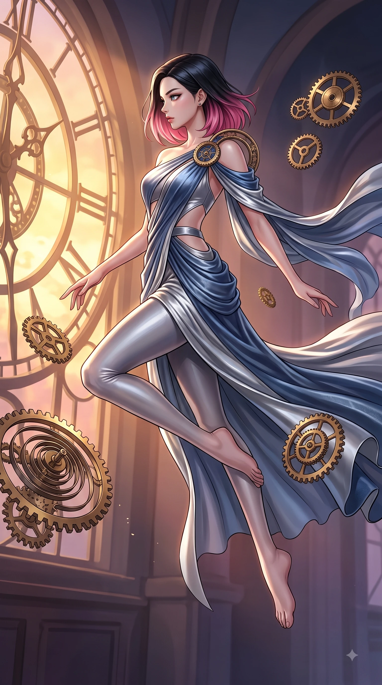 score_9, masterpiece, best quality, ultra-detailed, high-budget anime keyframe, editorial fashion photography, tasteful artistic composition, Korean woman. low angle full-body shot from head to toe showing her feet, filling the entire 9:16 vertical frame with her statuesque presence, stretching her vertical silhouette. leaping gracefully through mid-air with statuesque elegance, her impossibly long slender legs stretched in perfect balance while pivoting in a dynamic profile pose as twilight amber light streams through the massive window, floating brass gears and clocksprings casting intricate metallic reflections. She has an absolutely perfect, statuesque 8.5-heads proportion, an exceptionally tall and slender model-like female figure with impossibly long slender legs and an ultra-slim waist. sharp v-shaped jawline, high-bridge nose, intricate jewel-like eyes with depth, thick eyelashes, glossy lips with a natural sheen, flawlessly proportioned anatomical accuracy, natural body alignment, perfectly sculpted elegant limbs, clean dynamic posture without body distortion. wearing an asymmetrical Grecian draped chiffon gown with a metallic shoulder ring in slate blue and metallic silver, made of premium stretch velvet with a rich sheen, featuring subtle geometric cutouts that highlight her ultra-slim midriff, the sleek second-skin texture accentuating her magnetic presence. illuminated by a brilliant golden hour glow filtering through clockwork dials. highly saturated vibrant anime colors, detailed shading with soft gradients, rich glossy textures, high-contrast stereoscopic depth, volumetric dynamic lighting, master piece, 9:16 ratio