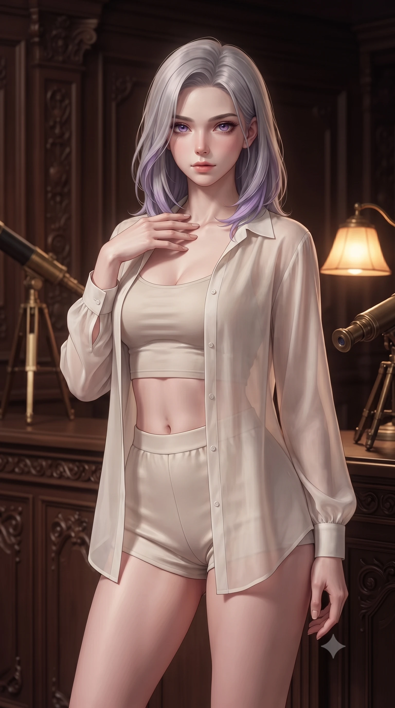 score_9, masterpiece, best quality, ultra-detailed, high-budget anime keyframe, editorial fashion photography, tasteful artistic composition, Caucasian woman. close-up cowboy shot from the waist and thighs up, the character dominates the composition, filling the frame with her large presence, background elements kept in soft focus. standing with one hand resting on her collarbone, looking at the viewer with bedroom-eyes the background shows a soft-focus a theater box alcove with dark wood panels and antique telescopes. She has an exceptionally elegant, slender, and willowy female figure with an ultra-slim waist, a gracefully sculpted slender torso, and a refined silhouette. sharp v-shaped jawline, high-bridge nose, intricate jewel-like eyes with depth, thick eyelashes, glossy lips with a natural sheen. wearing a slim-fit lightweight chiffon cover-up shirt worn open over a crop top and high-cut shorts. warm amber desk lamp glow creating a quiet, intellectual ambiance. ultra-reflective glossy finish, specular highlights, metallic sheen, high-contrast stereoscopic depth, volumetric dynamic lighting, 2k, ultra detail, master piece, 9:16 ratio