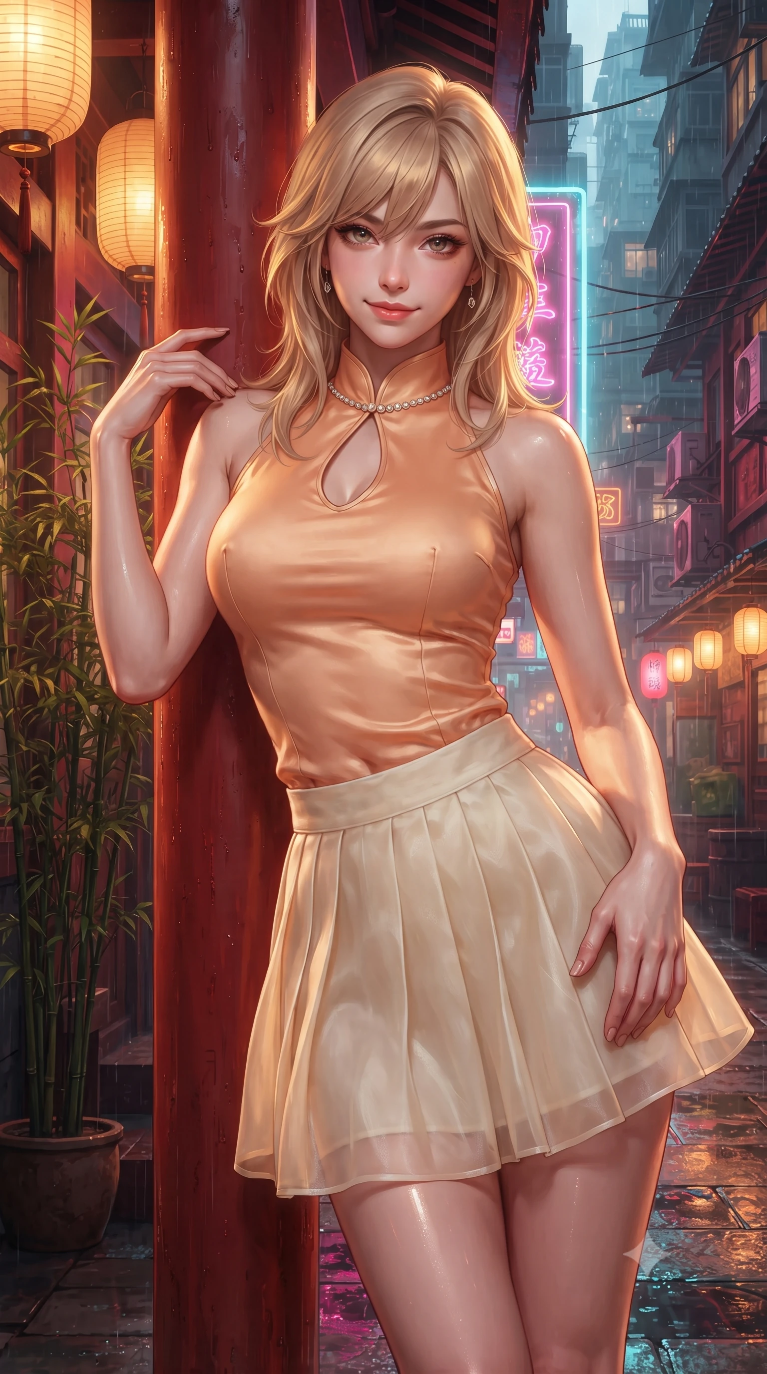 score_9, masterpiece, best quality, ultra-detailed, high-budget anime keyframe, editorial fashion photography, tasteful artistic composition, Japanese woman. close-up cowboy shot from the waist and thighs up, the character dominates the composition, filling the frame with her large presence. leaning back against the red lacquer pillar with relaxed seductive grace, her flat midriff and narrow waist highlighted as warm lantern light traces her curves while twisting her slender torso in an alluring contrapposto stance among potted bamboo, vertical neon signs painting her curves in electric pink and cyan. The surrounding environment is rendered in vivid detail and crisp panoramic clarity: detailed silk dress drape, neon specular reflections on skin, and dense Asian megacity architecture in high resolution. She has an exceptionally elegant, slender, and willowy female figure with an ultra-slim waist, flat toned midriff, narrow ribcage, and sculpted feminine hips creating an alluring, slim hourglass silhouette without bulk. sharp v-shaped jawline, high-bridge nose, intricate jewel-like dark sparkling almond eyes with depth, thick lashes, glossy parted lips with a natural rose-plum sheen, bright alluring and coquettish smile with bedroom-eyes, exuding both timeless oriental elegance and sovereign high-fashion allure, flawlessly proportioned anatomical accuracy, strict slender model proportions, natural body alignment, perfectly sculpted long slender limbs, ultra-slim waistline, clean dynamic posture without body distortion. wearing a sleeveless modern qipao top with an elegant teardrop chest keyhole cutout paired with a curve-hugging pleated mini skirt in warm peach apricot and soft vanilla silk, tailored from sheer gossamer silk organza with an airy weightless flutter, finished with subtle crystal rhinestones tracing the elegant neckline, the liquid-tight tailored silk fabric clinging flawlessly to her narrow waist and rounded feminine hips, emphasizing every millimeter of her sculpted slim hourglass curves without any bulky heaviness. bathed in intense, high-contrast neon magenta and electric turquoise underlights bouncing off wet surfaces. ultra-reflective glossy finish, specular highlights, rich textural contrasts, high-contrast stereoscopic depth, volumetric dynamic lighting, 2k, ultra detail, master piece, 9:16 ratio