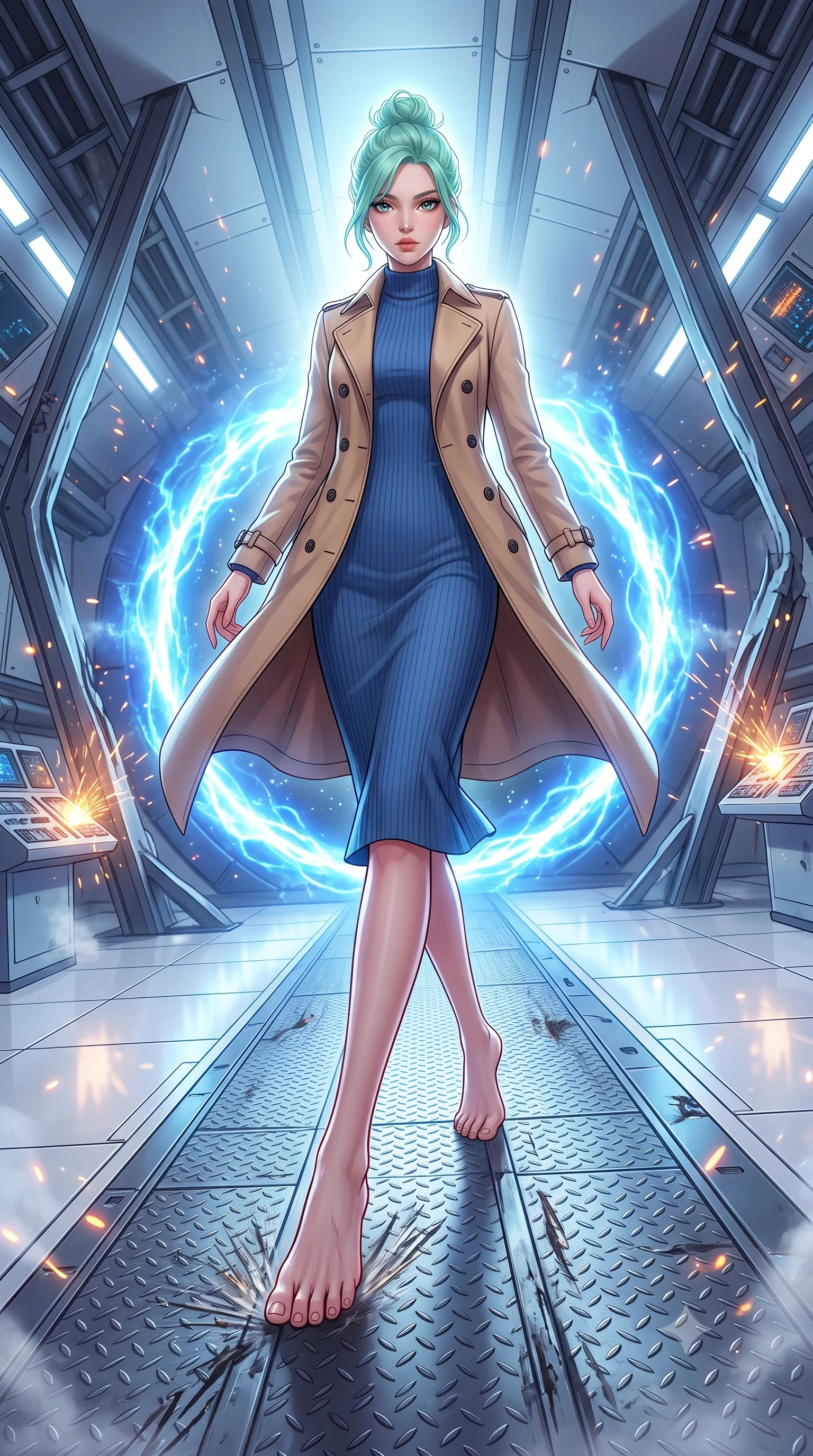 score_9, masterpiece, best quality, ultra-detailed, high-budget anime keyframe, editorial fashion photography, tasteful artistic composition, Japanese woman. low angle full-body shot from head to toe showing her feet, filling the entire 9:16 vertical frame with her statuesque presence, stretching her vertical silhouette. skidding across a metal flight deck as the starship tilts violently during battle inside a teleportation bay with polished white floors, a central ring of blue plasma energy pulsing dynamically. She has a statuesque 8.5-heads proportion, an exceptionally tall, slender and willowy model-like build with impossibly long legs and a highly sculpted ultra-slim waist. sharp v-shaped jawline, high-bridge nose, intricate jewel-like eyes with depth, thick eyelashes, glossy lips with a natural sheen. wearing catching and diffusing the glowing particles, shimmering softly in response to the surrounding light, a body-hugging classic double-breasted beige trench coat layered over a French blue mock-neck ribbed midi dress. highly saturated vibrant anime colors, intense vivid color palette, soft 3D volumetric shading, volumetric dynamic lighting, dramatic backlight creating a radiant halo effect around her entire silhouette. 2k, ultra detail, master piece, 9:16 ratio