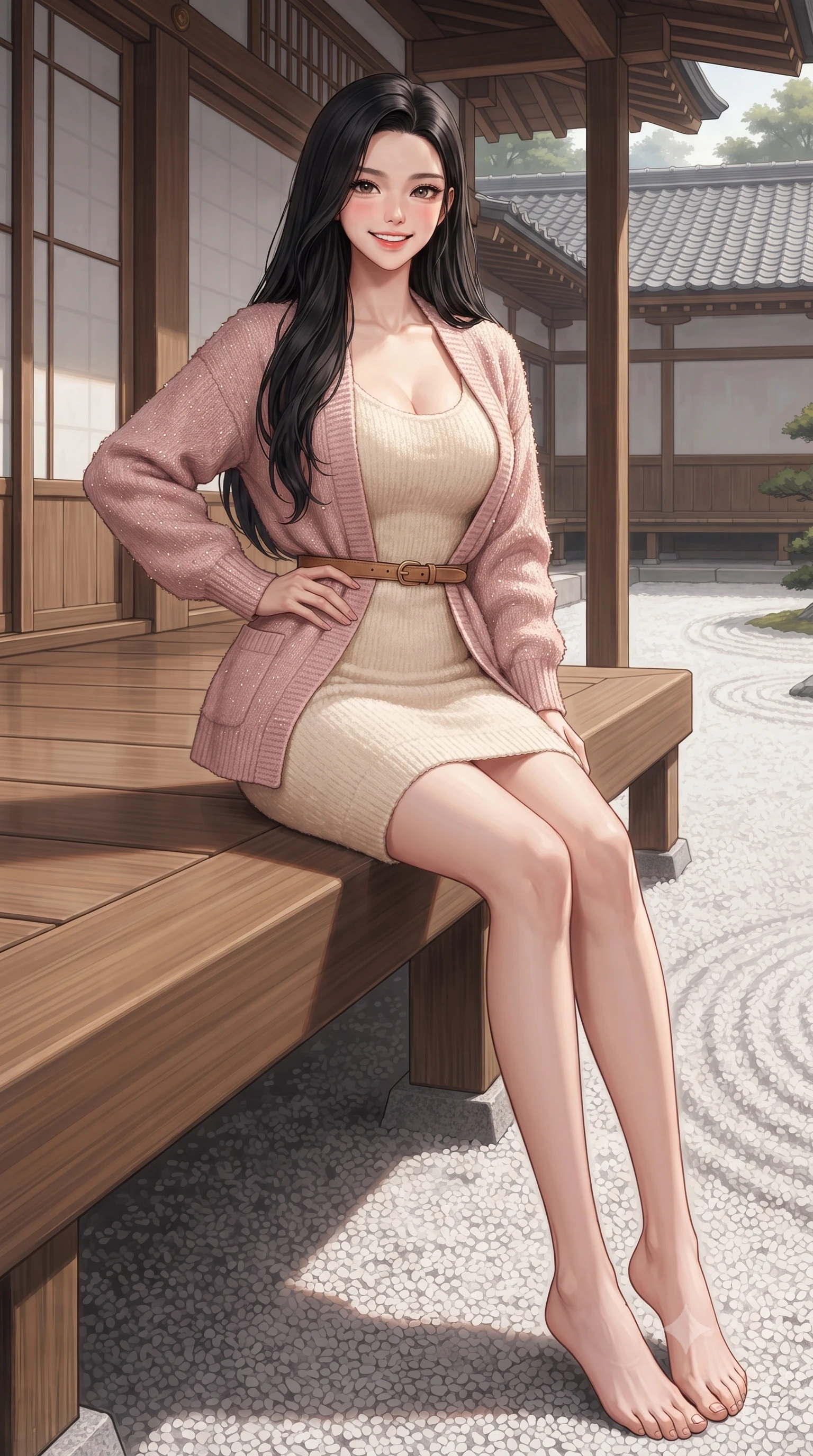 score_9, masterpiece, best quality, ultra-detailed, high-budget anime keyframe, editorial fashion photography, tasteful artistic composition, Korean woman. low angle full-body shot from head to toe showing her feet, filling the entire 9:16 vertical frame with her statuesque presence, stretching her vertical silhouette. standing tall and centered in the frame with one hand on her hip, radiating statuesque poise, an ultra-slim waist, and captivating allure while sitting gracefully on the polished cypress wood engawa veranda, legs turned demurely to the side, smiling with gentle Kyoto serenity. The surrounding environment is rendered in vivid detail and crisp panoramic clarity: detailed modern kimono-wrap wool coat tailoring, sash belt knot, and classical Japanese temple joinery in razor-sharp precision. She has an exceptionally tall and slender model-like 8.5-heads proportion, an ultra-slim waist, a flat toned midriff, narrow delicate ribcage, and beautifully sculpted feminine hips creating a graceful, slim hourglass silhouette without any bulky heaviness, with impossibly long slender legs. sharp v-shaped jawline, high-bridge nose, intricate jewel-like sparkling eyes with depth, thick eyelashes, glossy parted lips with a natural peach sheen, bright cheerful beaming smile with an enchanting and coquettish sensual glint, exuding both youthful cute charm and seductive allure, flawlessly proportioned anatomical accuracy, strict slender model proportions, natural body alignment, perfectly sculpted long slender limbs, ultra-slim waistline, clean dynamic posture without body distortion. wearing a form-fitting plush chenille knit bodycon dress hugging her torso and hips, layered with a belted open wool cardigan in Parisian pastel rose bouclé and cream pearl, woven from stretch metallic lurex knit casting subtle luminous champagne glints across her contours, finished with a slim equestrian bridle-leather belt cinched tightly at the narrowest point of her waist, the liquid-tight tailored fabric clinging flawlessly to her narrow waist and rounded feminine hips, emphasizing every millimeter of her sculpted slim hourglass curves without any bulky heaviness. illuminated by white gravel garden bounce and warm vermilion-gold rim lights defining her delicate features, jawline, and graceful silhouette. ultra-reflective glossy finish, specular highlights, rich textural contrasts, high-contrast stereoscopic depth, volumetric dynamic lighting, 2k, ultra detail, master piece, 9:16 ratio