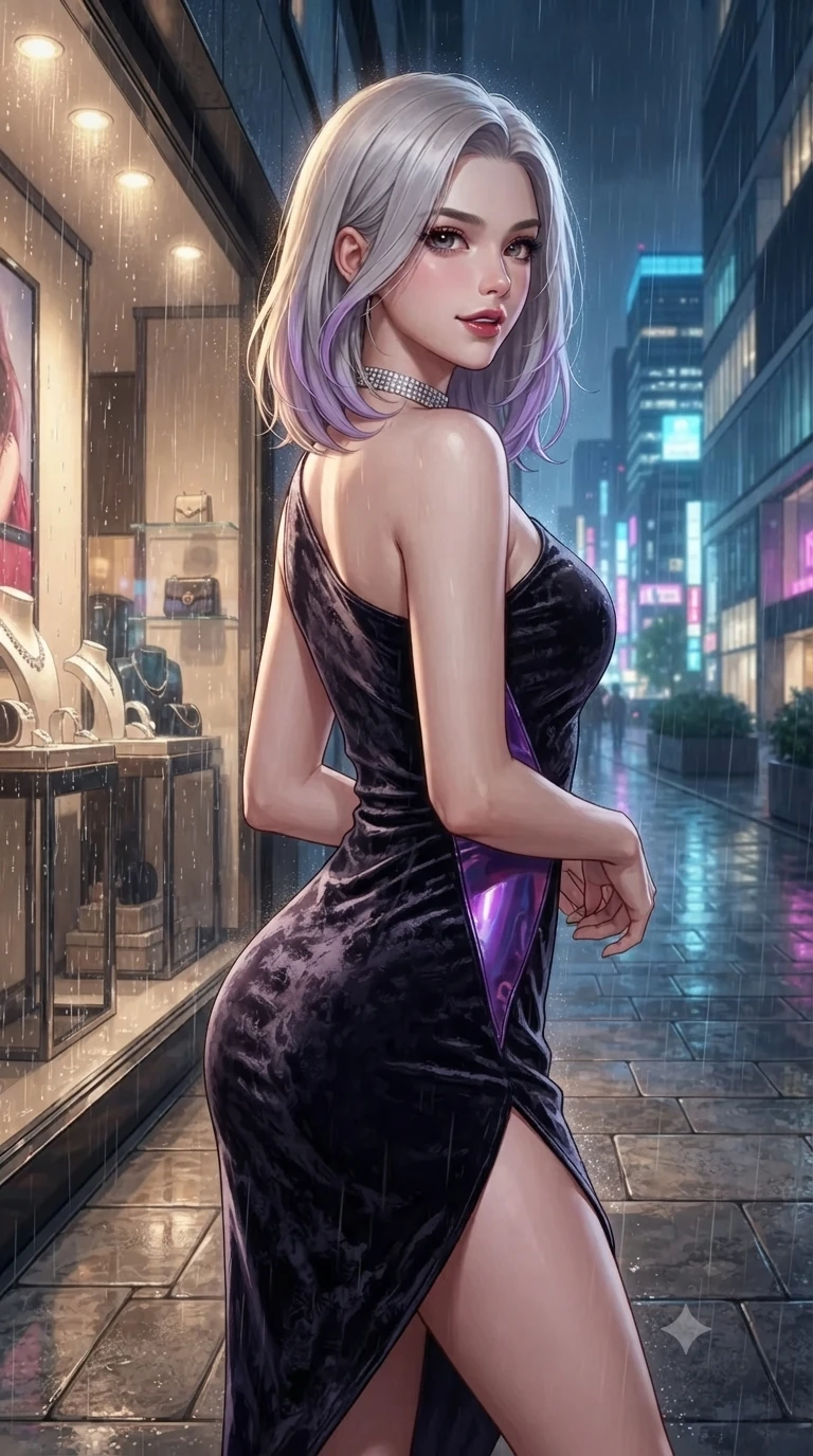 score_9, masterpiece, best quality, ultra-detailed, high-budget anime keyframe, editorial fashion photography, tasteful artistic composition, Caucasian woman. close-up cowboy shot from the waist and thighs up, the character dominates the composition, filling the frame with her large presence. pausing beside an illuminated luxury boutique window with hips cocked back, glancing back with an enchanting, dangerous smile through falling rain while pausing beside an illuminated luxury boutique window with hips cocked back, glancing back with an enchanting, dangerous smile through falling rain. The surrounding environment is rendered in vivid detail and crisp panoramic clarity: detailed ribbed cashmere bodycon midi dress texture, low-back scoop tailoring, and contemporary Tokyo architecture in razor-sharp precision. She has an exceptionally elegant, slender, and willowy female figure with an ultra-slim waist, flat toned midriff, narrow ribcage, and sculpted feminine hips creating an alluring, slim hourglass silhouette without bulk. sharp v-shaped jawline, high-bridge nose, intricate jewel-like dark sparkling eyes with dangerous depth, thick curled eyelashes, glossy parted lips with a rich wine sheen, smoldering seductive half-smile with bedroom-eyes, exuding effortless superiority and intoxicating dark allure, flawlessly proportioned anatomical accuracy, strict slender model proportions, natural body alignment, perfectly sculpted long slender limbs, ultra-slim waistline, clean dynamic posture without body distortion. wearing an asymmetric one-shoulder metallic patent leather mini dress with a dramatic side slit hugging her hips in ultraviolet neon and dark rain-soaked shadow tones, tailored from crushed dark velvet with deep light-absorbing plush texture, finished with a delicate diamond choker catching the chandelier light, the impeccably tailored cut draping gracefully along her slender figure with aristocratic noir poise. illuminated by polished stone walkway bounce and sharp platinum-gold rim lights sculpting her razor-sharp jawline, narrow waist, and curvy hips. ultra-reflective glossy finish, specular highlights, rich textural contrasts, high-contrast stereoscopic depth, volumetric dynamic lighting, 2k, ultra detail, master piece, 9:16 ratio