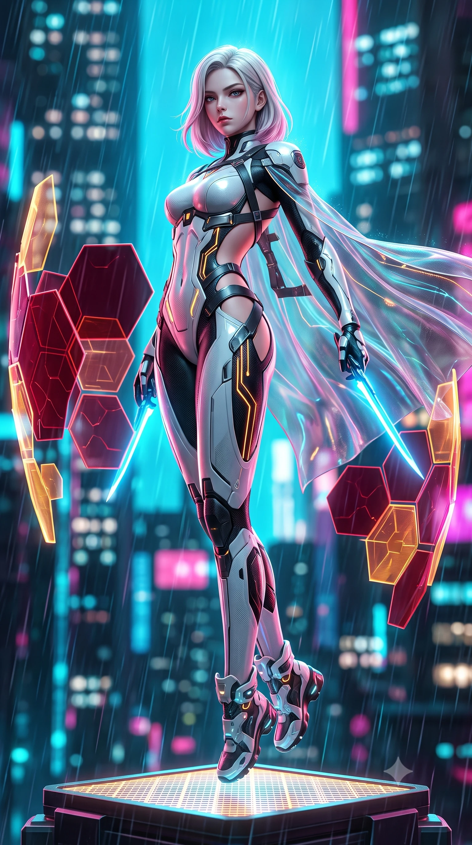 score_9, masterpiece, best quality, ultra-detailed, high-budget anime keyframe, semi-realistic 3D game render, editorial fashion photography, tasteful artistic composition, Caucasian woman. low angle full-body shot from head to toe showing her feet, filling the entire 9:16 vertical frame with her statuesque presence, stretching her vertical silhouette. performing an alluring mid-air combat landing with flawless poise, looking directly into the camera with regal, deadly intensity while arching her spine in a fluid combat stance as high-altitude winds billow her sheer tactical cape against the glowing city skyline. The composition keeps background elements in soft focus with creamy bokeh. heavy neon rain streaks and distant skyscraper light grids blurred into dazzling cyan, magenta, and charcoal bokeh. She has an absolutely perfect, statuesque 8.5-heads proportion, an exceptionally tall and slender model-like female figure with impossibly long slender legs, a toned flat midriff, and an ultra-slim waist. sharp v-shaped jawline, high-bridge nose, intricate jewel-like eyes with depth, thick eyelashes, glossy lips with a natural sheen, flawlessly proportioned anatomical accuracy, strict slender model proportions, natural body alignment, perfectly sculpted long slender limbs, ultra-slim waistline, clean dynamic posture without body distortion. wearing a high-contrast monochrome white-and-black carbon-composite exoskeleton suit with glowing amber circuitry, deploying floating hexagonal holographic energy shields with sovereign grace in deep crimson carbon weave with specular dark chrome accents, made of liquid carbon-jersey fabric adhering flawlessly to her sculpted silhouette, complemented by criss-cross back harness straps highlighting her completely bare spine, the sleek second-skin cut tightly hugging her graceful clavicle, narrow waist, and feminine curves with athletic precision. bathed in vivid high-contrast neon cyan and magenta city backlighting with electric blade glow. rich saturated anime colors with glowing neon highlights, detailed shading with soft gradients, rich glossy textures, high-contrast stereoscopic depth, volumetric dynamic lighting, master piece, 9:16 ratio