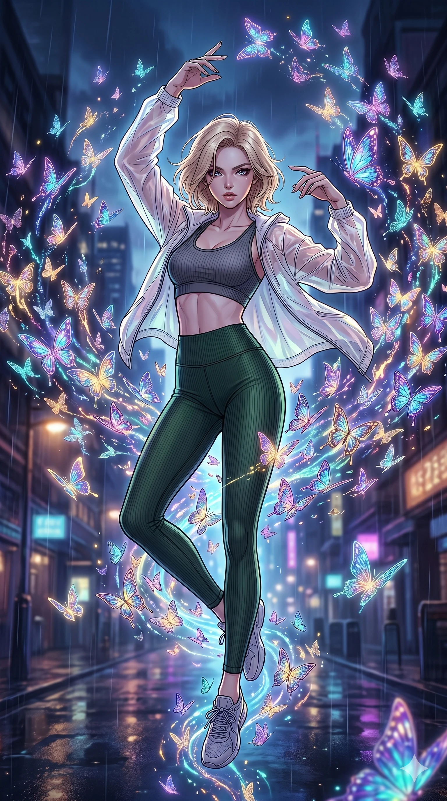 score_9, masterpiece, best quality, ultra-detailed, high-budget anime movie keyframe, cinematic anime lighting, intricate line art, Korean woman. Low angle cowboy shot capturing a powerful motion and statuesque presence. summoning a cloud of glowing butterflies that carry her into the air. She has an absolutely perfect 8-heads proportion, an exceptionally tall and slender female figure with graceful and slender proportions. strictly human anatomy, two legs only, no extra limbs, clearly defined legs and arms, perfect anatomy, perfect hands and fingers. sharp v-shaped jawline, high-bridge nose, intricate jewel-like eyes, thick eyelashes, glossy lips. Wearing Premium Athleisure: Ribbed sports bra and leggings set, light windbreaker, and sleek high-performance activewear. The scene is illuminated by dramatic atmospheric lighting and vibrant color palettes. , 2k, ultra detail, master piece, 9:16 ratio