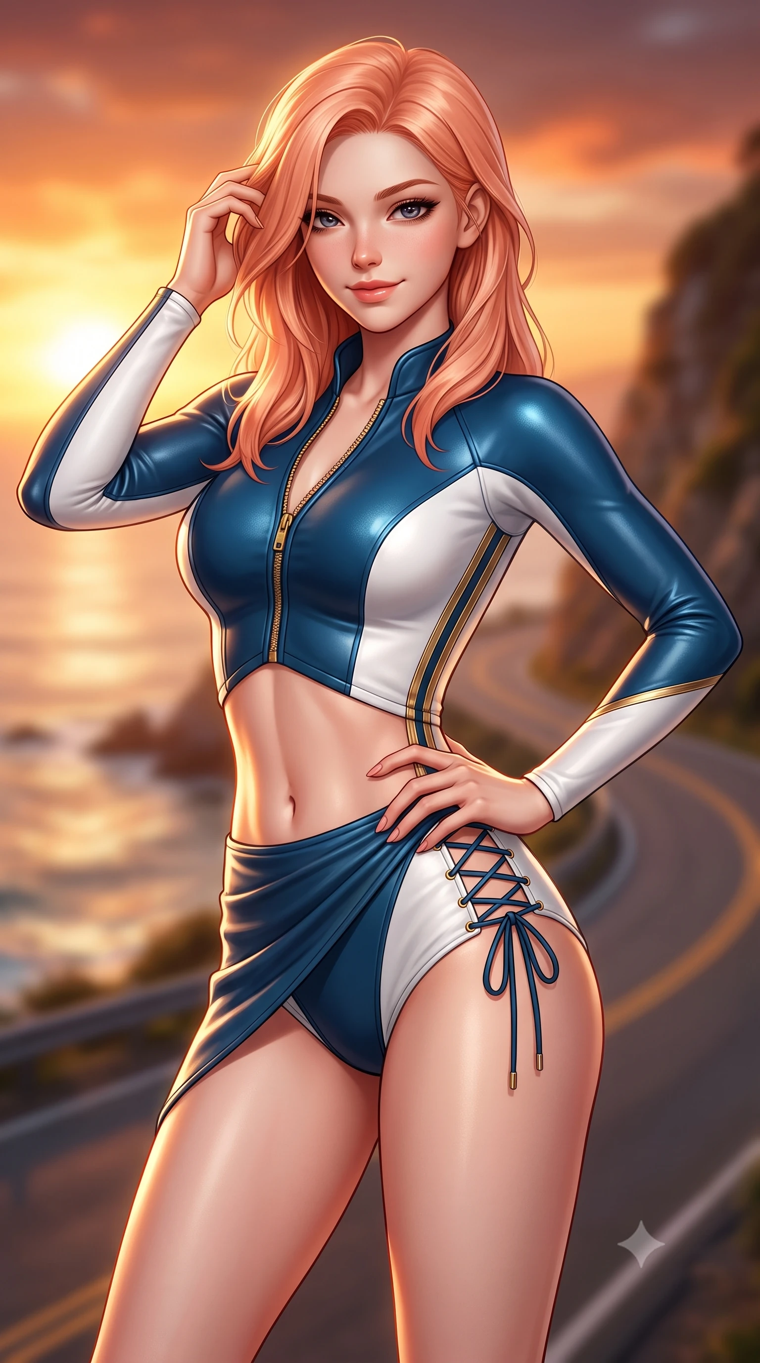 score_9, masterpiece, best quality, ultra-detailed, high-budget anime keyframe, semi-realistic 3D game render, editorial fashion photography, tasteful artistic composition, Japanese woman. close-up cowboy shot from the waist and thighs up, the character dominates the composition, filling the frame with her large presence. twisting her slender torso in an alluring contrapposto stance, one hand resting on her sculpted hip while her fingers toy with her hair with effortless poise while twisting her slender torso in an alluring S-curve, fiery sunset rays tracing her form-fitting outfit and curvy hips. The background shows a soft-focus winding coastal serpentine roads softened in dramatic sunset cliff shallow focus. She has an exceptionally elegant, slender, and willowy female figure with an ultra-slim waist, flat toned midriff, narrow ribcage, and sculpted feminine hips creating an alluring, slim hourglass silhouette without bulk. sharp v-shaped jawline, high-bridge nose, sparkling eyes with hypnotic seductive depth, thick curled eyelashes, glossy parted lips with a natural dewy peach sheen, alluring bedroom-eyes with an enchanting coquettish smile, exuding magnetic siren charisma and sophisticated glamour, flawlessly proportioned anatomical accuracy, strict slender model proportions, natural body alignment, perfectly sculpted long slender limbs, ultra-slim waistline, clean dynamic posture without body distortion. wearing a form-contouring wet-look neoprene zip-front surfing bodysuit with high-cut leg openings and racing side stripes in high-contrast coastal monochrome with gold hardware, woven from buttery-soft stretch lambskin leather adhering to her body like a second skin, featuring fine criss-cross lace-up side ties revealing tantalizing glimpses of her hip curve, the high-slit wrap tailoring accentuating her ultra-slim waistline and the enchanting curve of her feminine hips with alluring seductive charm. illuminated by open ocean reflection fill and sharp warm-gold rim lights sculpting her razor-sharp jawline, flat midriff, and curvy hips. highly saturated vibrant anime colors, detailed shading with soft gradients, rich glossy textures, high-contrast stereoscopic depth, volumetric dynamic lighting, master piece, 9:16 ratio