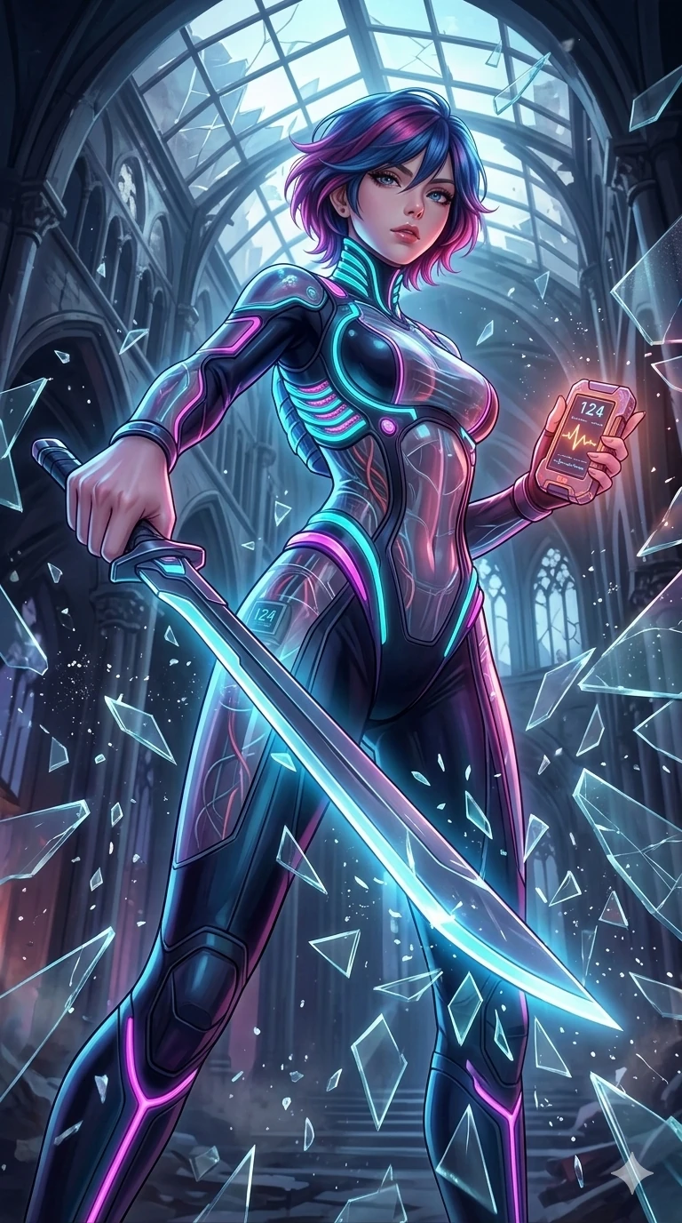 score_9, masterpiece, best quality, ultra-detailed, Set A: High-budget Anime Keyframe, Japanese woman. Low angle cowboy shot filling the entire 9:16 frame with her statuesque presence. Leaping through a floating botanical garden, while her eyes glow with 110 different colors and surrounded by shattered glass fragments. She has an absolutely perfect 8-heads proportion, an exceptionally tall and slender female figure with impossibly long slender legs and an ultra-slim waist. Sharp v-shaped jawline, high-bridge nose, intricate jewel-like eyes with depth, thick eyelashes, glossy lips with a natural sheen. Wearing Victorian-style lace gown with a futuristic glowing bustle and chrome accents. Cinematic lighting, vibrant colors, dramatic shadows, 2k, ultra detail, master piece, 9:16 ratio