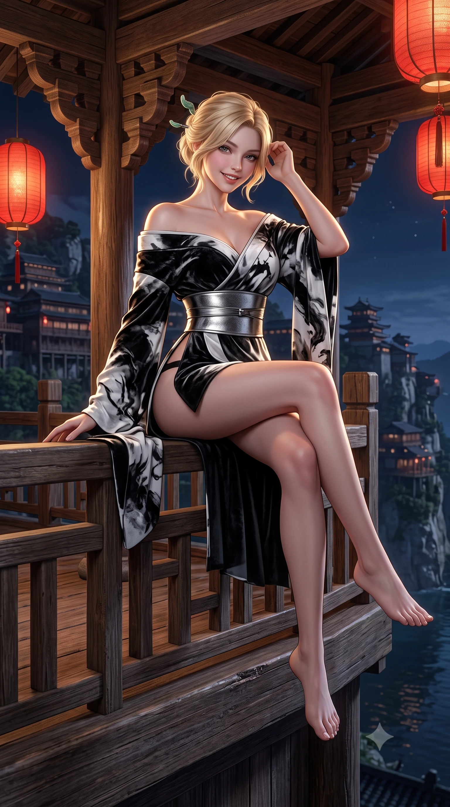 score_9, masterpiece, best quality, ultra-detailed, high-budget anime keyframe, semi-realistic 3D game render, editorial fashion photography, tasteful artistic composition, Caucasian woman. low angle full-body shot from head to toe showing her feet, filling the entire 9:16 vertical frame with her statuesque presence, stretching her vertical silhouette. sitting perched on the elevated pavilion terrace edge with legs crossed and hips angled toward the camera, displaying her toned midriff and long slender limbs with joyful, coquettish charm while lounging in a private tea lounge booth with legs crossed, her high-slit silk dress commanding the futuristic Spirited-Away-style cliffside view. The surrounding environment is rendered in vivid detail and crisp panoramic clarity: sharp carved timber bracket joinery, red lantern silk texture, and weathered wooden balustrade grain in deep focus. She has an absolutely perfect, statuesque 8.5-heads proportion, an exceptionally tall and slender model-like female figure with impossibly long slender legs, an ultra-slim waist, a flat toned midriff, narrow delicate ribcage, and beautifully sculpted feminine hips creating a graceful, slim hourglass silhouette without any bulky heaviness. sharp v-shaped jawline, high-bridge nose, intricate jewel-like dark sparkling almond eyes with depth, thick lashes, glossy parted lips with a natural rose-plum sheen, bright alluring and coquettish smile with bedroom-eyes, exuding both timeless oriental elegance and sovereign high-fashion allure, flawlessly proportioned anatomical accuracy, strict slender model proportions, natural body alignment, perfectly sculpted long slender limbs, ultra-slim waistline, clean dynamic posture without body distortion. wearing an asymmetric off-shoulder cyber-kimono mini dress with a wide metallic obi corset belt accentuating her narrow waist in stark monochrome black and white ink contrast, crafted from sumptuous crushed winter velvet with deep light-absorbing plushness, featuring a modern sculptural jade hair pin securing her loose silky updo, the precision-cut side hip slits and low-back scoop framing her graceful spine and the sensual sweep of her slim, toned hips. illuminated by dark river surface reflection bounce and sharp gold rim lighting sculpting her razor-sharp jawline, narrow waist, and curvy hips. highly saturated vibrant anime colors, detailed shading with soft gradients, rich glossy textures, high-contrast stereoscopic depth, volumetric dynamic lighting, master piece, 9:16 ratio