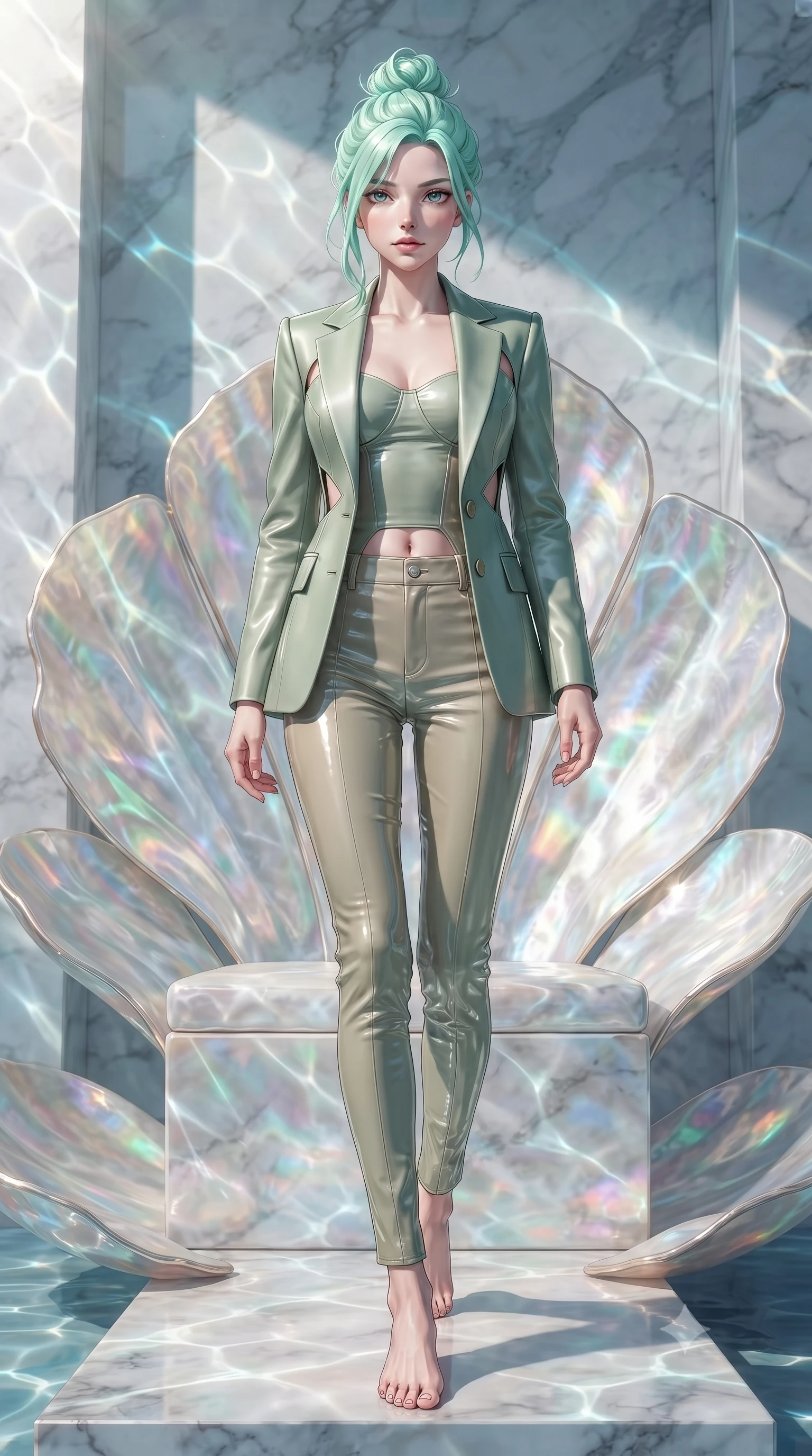 score_9, masterpiece, best quality, ultra-detailed, high-budget anime keyframe, editorial fashion photography, tasteful artistic composition, Japanese woman. low angle full-body shot from head to toe showing her feet, filling the entire 9:16 vertical frame with her statuesque presence, stretching her vertical silhouette. stepping forward with proud posture, filling the vertical frame with her magnetic presence poised on an abyssal prism shell throne bathed in sunlit ocean rays, shimmering water reflections dancing dynamically across the marble walls. She has an absolutely perfect, statuesque 8.5-heads proportion, an exceptionally tall and slender model-like female figure with impossibly long slender legs and an ultra-slim waist. sharp v-shaped jawline, high-bridge nose, intricate jewel-like eyes with depth, thick eyelashes, glossy lips with a natural sheen. wearing a tailored silk blazer over a form-contouring top and fitted slacks in sage green and oatmeal, tailored from high-gloss patent leather, featuring subtle geometric cutouts that highlight her ultra-slim midriff, the sleek second-skin texture accentuating her magnetic presence. lit by clear sun-drenched sea light with soft ethereal shadows. ultra-reflective glossy finish, specular highlights, metallic sheen, high-contrast stereoscopic depth, volumetric dynamic lighting, 2k, ultra detail, master piece, 9:16 ratio