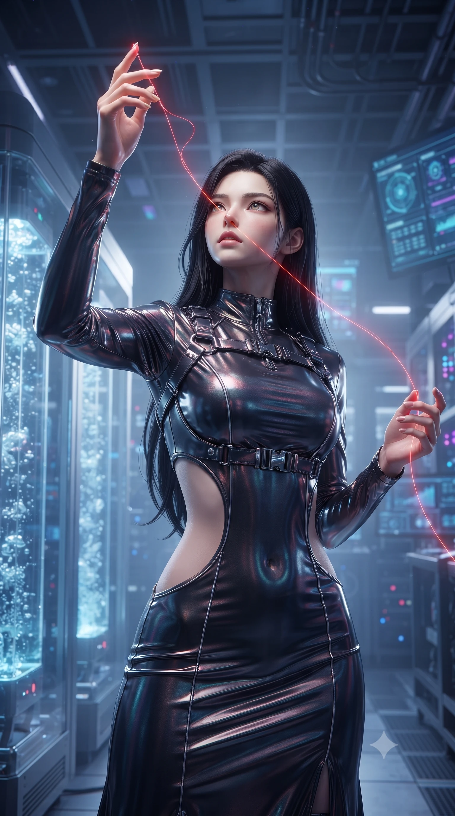 score_9, masterpiece, best quality, ultra-detailed, High-budget Anime Keyframe, editorial fashion photography, tasteful artistic composition, realistic cosplay photography, East Asian woman. Low angle cowboy shot filling the entire 9:16 frame with her statuesque presence. Scenario 368: tracing a glowing red thread of fate with her fingers in a high-tech laboratory with rows of water-cooled server racks. Her presence is magnetic and overpowering in this high-budget cinematic scene. Outfit 368: a body-hugging shimmering chiffon liquid with a strategic side cut-outs and metallic buckles. The clothing is designed to emphasize her exceptionally tall and slender 8-heads proportion. 8-heads proportion, towering silhouette, ultra-slim waist. sharp v-shaped jawline, intricate jewel-like eyes with depth, thick eyelashes, glossy lips. ultra-reflective glossy finish, specular highlights, metallic sheen, high-contrast stereoscopic depth, volumetric dynamic lighting, 2k, ultra detail, master piece, 9:16 ratio