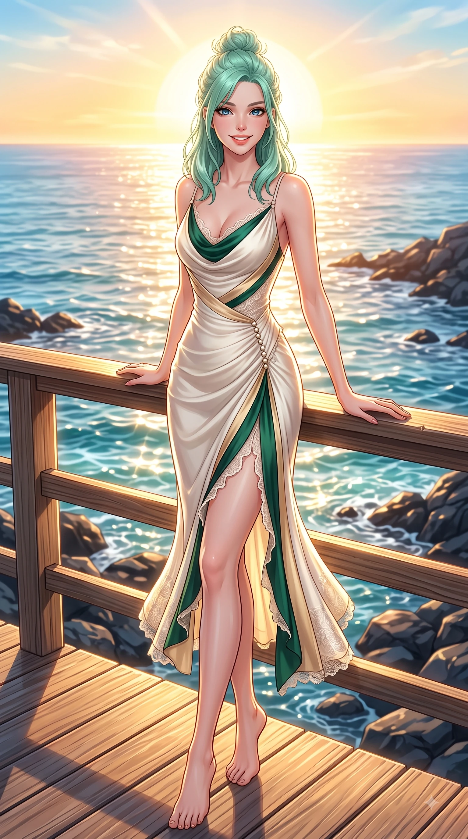 score_9, masterpiece, best quality, ultra-detailed, high-budget anime keyframe, editorial fashion photography, tasteful artistic composition, Japanese woman. low angle full-body shot from head to toe showing her feet, filling the entire 9:16 vertical frame with her statuesque presence, stretching her vertical silhouette. Youthful cheerful smile exuding cute playful charm and radiant sparkle in her eyes while leaning against a sun-drenched wooden sea railing looking out toward the endless horizon. The surrounding environment is rendered in vivid detail and crisp panoramic clarity. glistening basalt sea rocks, coastal boardwalk planks, and crystal ocean waters rendered in deep focus. She has an absolutely perfect, statuesque 8.5-heads proportion, an exceptionally tall and slender model-like female figure with impossibly long slender legs and an ultra-slim waist. sharp v-shaped jawline, high-bridge nose, intricate jewel-like eyes with depth, thick eyelashes, glossy lips with a natural sheen, flawlessly proportioned anatomical accuracy, natural body alignment, perfectly sculpted elegant limbs, clean dynamic posture without body distortion. wearing an elegant ivory silk cowl-neck dress with fluid draped lines in deep emerald green and champagne gold, made of fine lace weave and soft satin jersey, accented with delicate pearl buttons and refined ruffle trims, the tailored fit highlighting her statuesque and model-like silhouette. bathed in glorious golden hour sunset backlighting and sparkling ocean refractions. highly saturated vibrant anime colors, detailed shading with soft gradients, rich glossy textures, high-contrast stereoscopic depth, volumetric dynamic lighting, master piece, 9:16 ratio