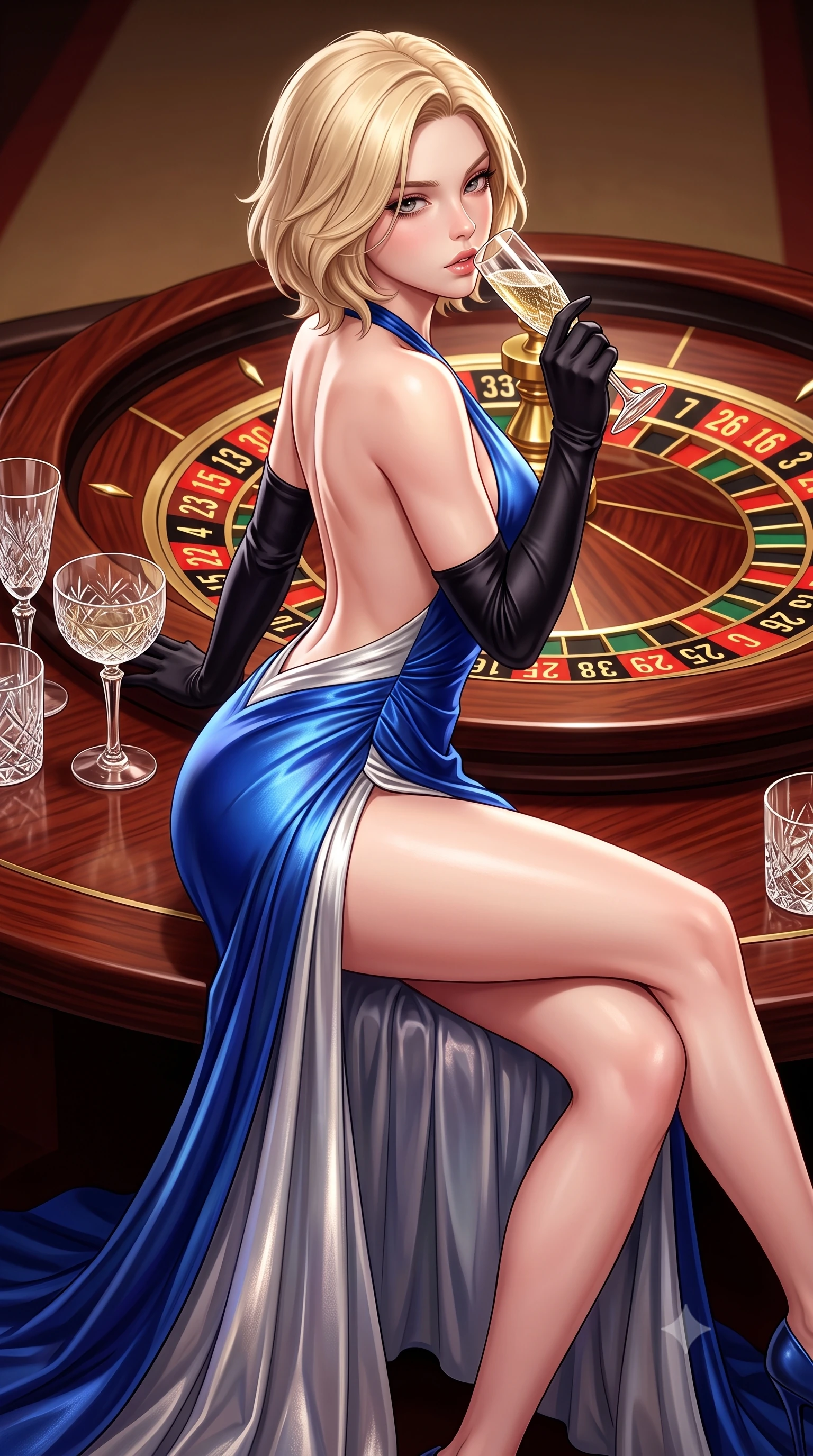 score_9, masterpiece, best quality, ultra-detailed, high-budget anime keyframe, semi-realistic 3D game render, editorial fashion photography, tasteful artistic composition, Caucasian woman. close-up cowboy shot from the waist and thighs up, the character dominates the composition, filling the frame with her large presence. twisting her slender torso in a deep contrapposto stance, hips dramatically shifted to accentuate her feminine curves while looking past her shoulder with smoldering bedroom-eyes while perching on the rim of a luxury mahogany roulette table with legs crossed, arching her lower back while holding a crystal champagne flute to her lips. The surrounding environment is rendered in vivid detail and crisp panoramic clarity. sharp roulette wheel brass numerals, polished mahogany wood grain, and crystal glass facets in deep focus. She has an exceptionally elegant, slender, and willowy female figure with an ultra-slim waist, a gracefully sculpted slender torso, toned flat midriff, and rounded feminine hips creating an alluring hourglass silhouette. sharp v-shaped jawline, high-bridge nose, intricate jewel-like eyes with depth, thick eyelashes, glossy parted lips with a natural sheen, intensely captivating and seductive bedroom-eyes expression, flawlessly proportioned anatomical accuracy, strict slender model proportions, natural body alignment, perfectly sculpted long slender limbs, ultra-slim waistline, clean dynamic posture without body distortion. wearing an open-back duchess satin gala gown with a dramatic hip-hugging drape and cascading trailing hem in royal sapphire blue and brushed platinum, crafted from luxurious metallic lamé that shifts radiance with every step, accessorized with opera-length black satin gloves and a vintage crystal champagne flute, the liquid-tight tailored fabric clinging flawlessly to her narrow waist and rounded feminine hips, emphasizing every millimeter of her sculpted hourglass curves during movement. surrounded by an elite, intoxicating, and irresistibly glamorous Monte Carlo heiress aura. highly saturated vibrant anime colors, detailed shading with soft gradients, rich glossy textures, high-contrast stereoscopic depth, volumetric dynamic lighting, master piece, 9:16 ratio