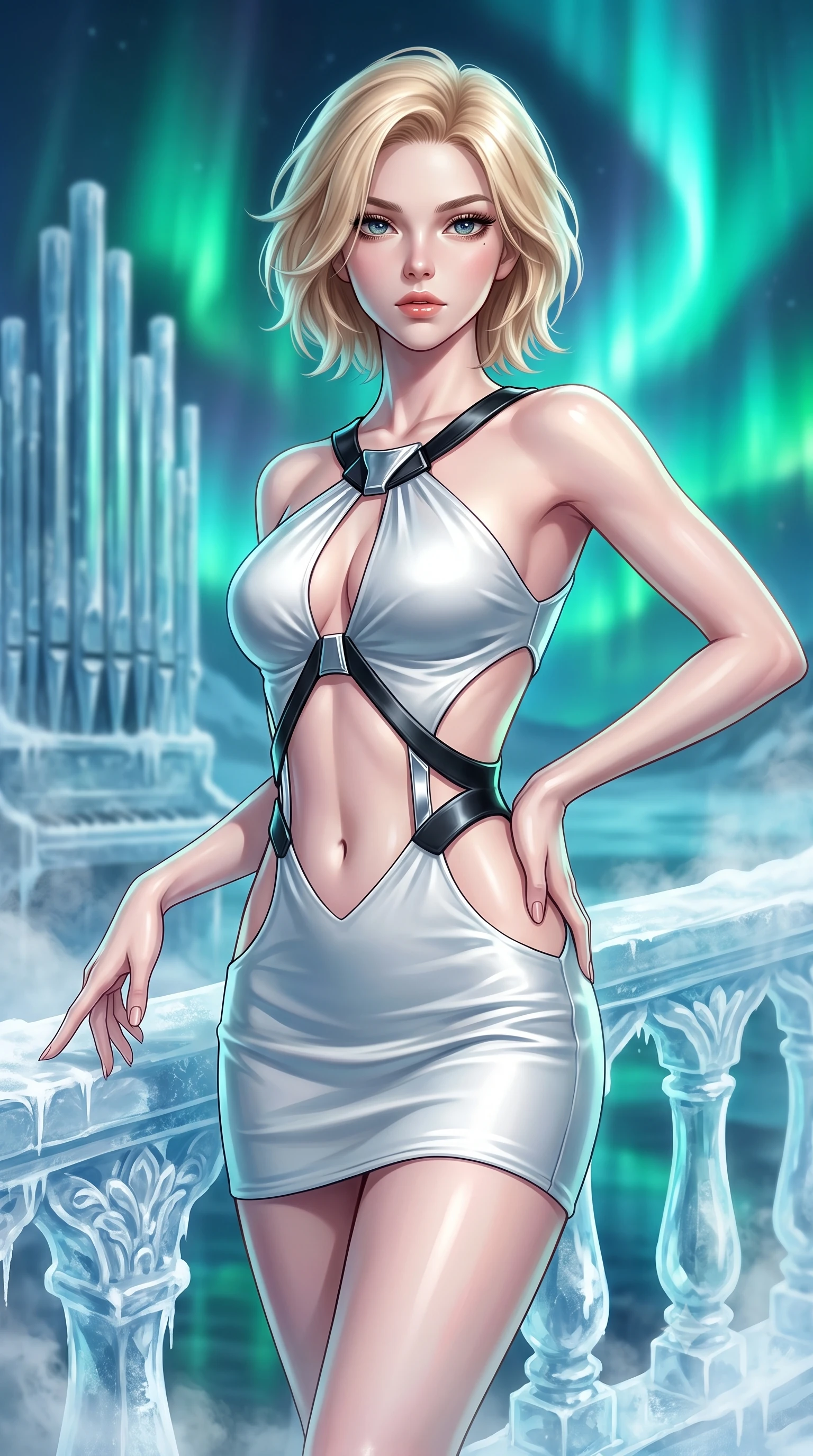 score_9, masterpiece, best quality, ultra-detailed, high-budget anime keyframe, editorial fashion photography, tasteful artistic composition, Caucasian woman. close-up cowboy shot from the waist and thighs up, the character dominates the composition, filling the frame with her large presence, background elements kept in soft focus. Holding a powerful dynamic pose with one hand on her hip and body angled dramatically toward the key light while resting her fingers gracefully near a carved ice balustrade as frosty mist drifts nearby, frozen organ pipes reflecting vivid green and cyan polar aurora lights dynamically. She has an exceptionally elegant, slender, and willowy female figure with an ultra-slim waist, a gracefully sculpted slender torso, and a refined silhouette. sharp v-shaped jawline, high-bridge nose, intricate jewel-like eyes with depth, thick eyelashes, glossy lips with a natural sheen, flawlessly proportioned anatomical accuracy, natural body alignment, perfectly sculpted elegant limbs, clean dynamic posture without body distortion. wearing a dramatic open-waist cutout mini dress framed by sculptural hardware in matte black and polished silver, crafted from smooth liquid silk, featuring subtle geometric cutouts that highlight her ultra-slim midriff, the form-contouring material highlighting her ultra-slim waist and long lines. illuminated by dramatic opera key lights with ultra-bright specular highlights. highly saturated vibrant anime colors, detailed shading with soft gradients, rich glossy textures, high-contrast stereoscopic depth, volumetric dynamic lighting, master piece, 9:16 ratio