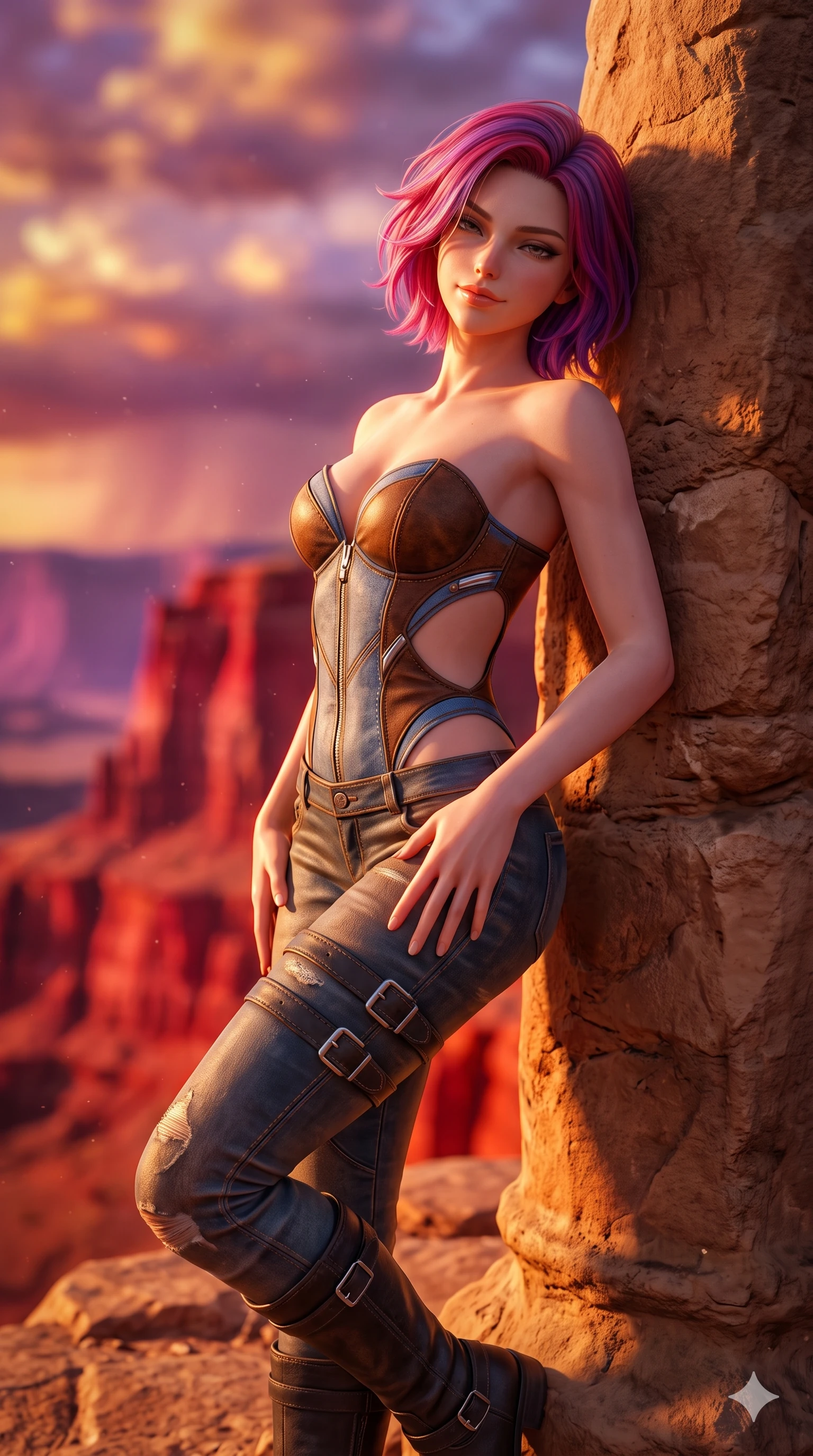 score_9, masterpiece, best quality, ultra-detailed, high-budget anime keyframe, semi-realistic 3D game render, editorial fashion photography, tasteful artistic composition, Caucasian woman. close-up cowboy shot from the waist and thighs up, the character dominates the composition, filling the frame with her large presence. tilting her head with a teasing half-smile, running one hand slowly down the side of her hip in a flirtatious S-curve as ambient light caresses her silhouette while leaning against a wind-carved sandstone pillar with hips cocked back, gazing across the glowing plateau with heavy-lidded seductive bedroom-eyes. The background shows a soft-focus blazing vermilion and crimson cliff tiers, purple desert rain squalls on the far horizon, and golden clouds blurred into ruby, violet, and molten gold bokeh. She has an exceptionally elegant, slender, and willowy female figure with an ultra-slim waist, flat toned midriff, narrow ribcage, and sculpted feminine hips creating an alluring, slim hourglass silhouette without bulk. sharp v-shaped jawline, high-bridge nose, sparkling eyes with hypnotic seductive depth, thick curled eyelashes, glossy parted lips with a natural dewy peach sheen, alluring bedroom-eyes with an enchanting coquettish smile, exuding magnetic siren charisma and sophisticated glamour, flawlessly proportioned anatomical accuracy, strict slender model proportions, natural body alignment, perfectly sculpted long slender limbs, ultra-slim waistline, clean dynamic posture without body distortion. wearing a plunging sweetheart neckline leatherette bustier with side-waist diamond cutouts contouring her ribcage in distressed whiskey leather brown and sun-bleached denim blue, tailored from second-skin technical compression neoprene with athletic curve-sculpting stretch, complemented by rugged distressed leather motorcycle boots with silver buckle hardware, the form-contouring material adhering flawlessly to her sculpted flat midriff and slender torso, emphasizing her long leg lines and perfectly proportioned willowy build. illuminated by sandstone cliff bounce and sharp vermilion-amber rim lights defining her razor-sharp jawline, narrow waist, and curvy hips. highly saturated vibrant anime colors, detailed shading with soft gradients, rich glossy textures, high-contrast stereoscopic depth, volumetric dynamic lighting, master piece, 9:16 ratio