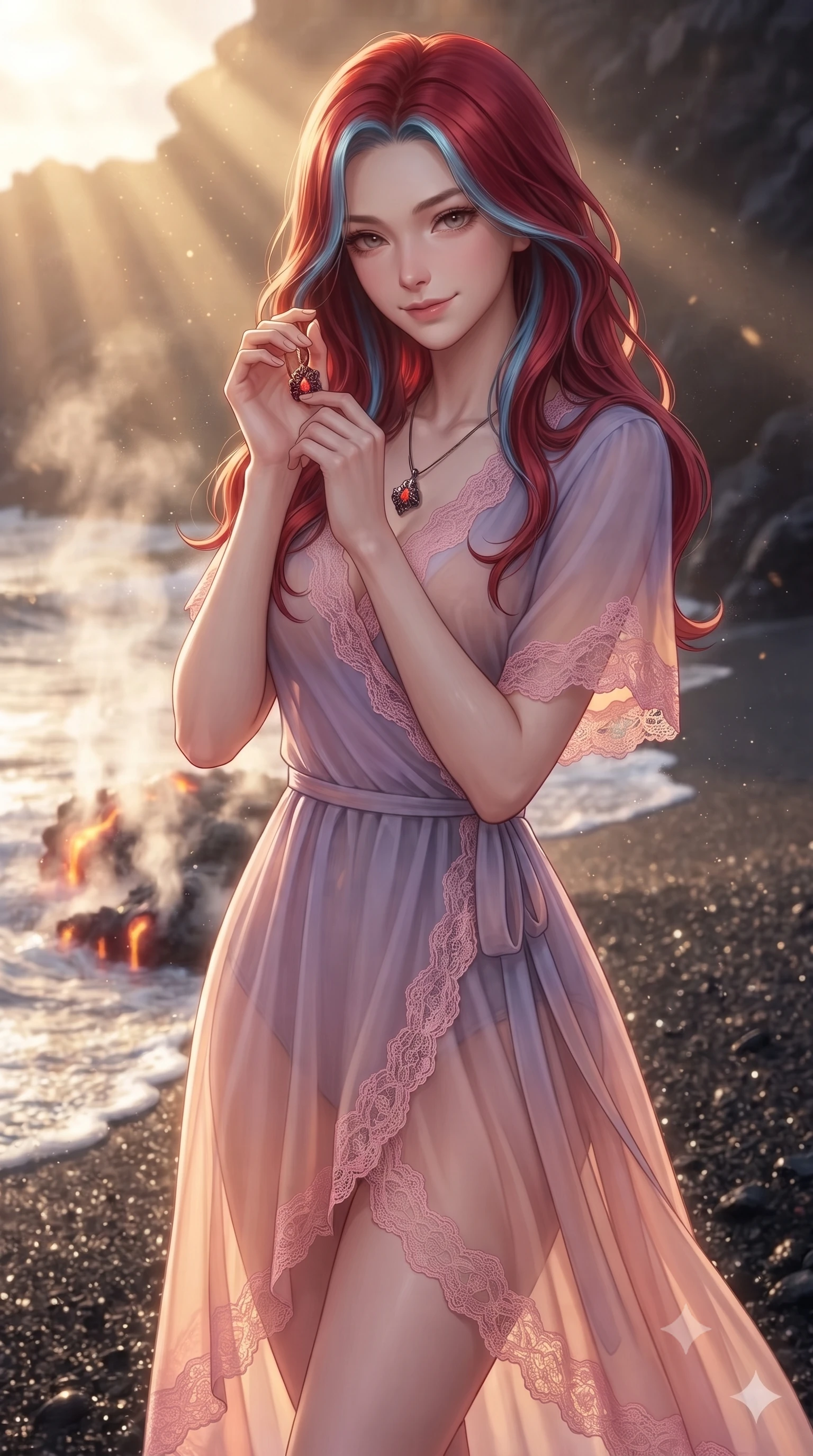 score_9, masterpiece, best quality, ultra-detailed, high-budget anime keyframe, editorial fashion photography, tasteful artistic composition, Caucasian woman, strictly human ears. close-up cowboy shot from the waist and thighs up, the character dominates the composition, filling the frame with her large presence, background elements kept in soft focus. Holding a delicate object up near her face while gazing at the viewer with a knowing smile. set against a soft-focus background of a beach of glittering jet-black volcanic glass sand with waves of molten gold lapping at the shore where magma meets ocean steam rising in great columns and the black glass fragments catching light like dark diamonds. She has an exceptionally elegant and slender, willowy female figure with an ultra-slim waist, a gracefully sculpted slender torso, and a refined slim physique. sharp v-shaped jawline, high-bridge nose, intricate jewel-like eyes with depth, thick eyelashes, glossy lips with a natural sheen. wearing a translucent chiffon wrap dress in a lavender-to-peach gradient, revealing her slender silhouette, detailed with pink lace. golden hour sunlight streaming in warm shafts with floating dust particles catching the light. 2k, ultra detail, master piece, 9:16 ratio