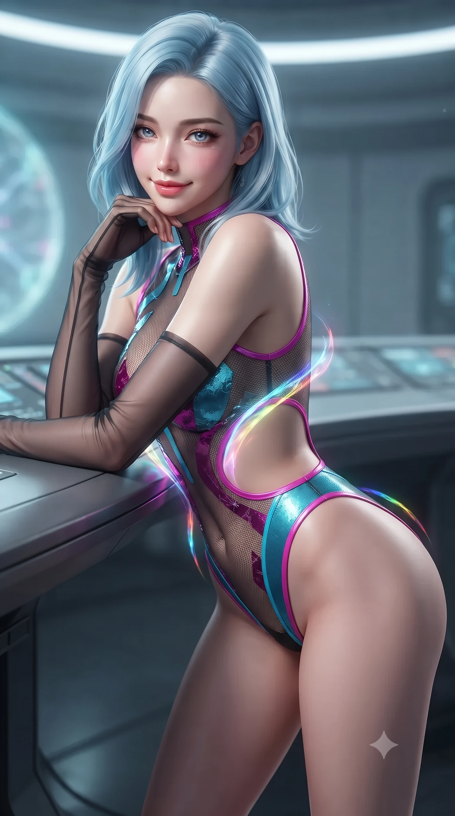 score_9, masterpiece, best quality, ultra-detailed, high-budget anime keyframe, editorial fashion photography, tasteful artistic composition, Korean woman. close-up cowboy shot from the waist and thighs up, the character dominates the composition, filling the frame with her large presence. resting one elbow on the table and supporting her chin, leaning close to the camera with heavy-lidded sparkling eyes and parted lips while twisting her slender torso in an alluring S-curve, brilliant relativity light arcs curving around her flat midriff and hourglass curves. The background shows a soft-focus plasma containment field hum softened in quantum singularity observation bridge shallow focus. She has an exceptionally elegant, slender, and willowy female figure with an ultra-slim waist, flat toned midriff, narrow ribcage, and sculpted feminine hips creating an alluring, slim hourglass silhouette without bulk. sharp v-shaped jawline, high-bridge nose, intricate jewel-like sparkling eyes with depth, thick eyelashes, glossy parted lips with a natural peach sheen, bright cheerful beaming smile with an enchanting and coquettish sensual glint, exuding both youthful cute charm and seductive allure, flawlessly proportioned anatomical accuracy, strict slender model proportions, natural body alignment, perfectly sculpted long slender limbs, ultra-slim waistline, clean dynamic posture without body distortion. wearing a provocative sheer-illusion cyber-mesh bodysuit with strategic metallic foil flocking and high-cut leg openings in Neo-Tokyo neon magenta and electric cyan, woven from buttery-soft stretch lambskin leather adhering to her body like a second skin, complemented by sheer opera-length evening gloves tracing her slender arms, the precision-cut side openings and low-back scoop framing her graceful spine and the sensual sweep of her slim, toned hips. illuminated by console screen bounce and sharp relativistic gold rim lights defining her razor-sharp jawline, narrow waist, and curvy hips. ultra-reflective glossy finish, specular highlights, rich textural contrasts, high-contrast stereoscopic depth, volumetric dynamic lighting, 2k, ultra detail, master piece, 9:16 ratio