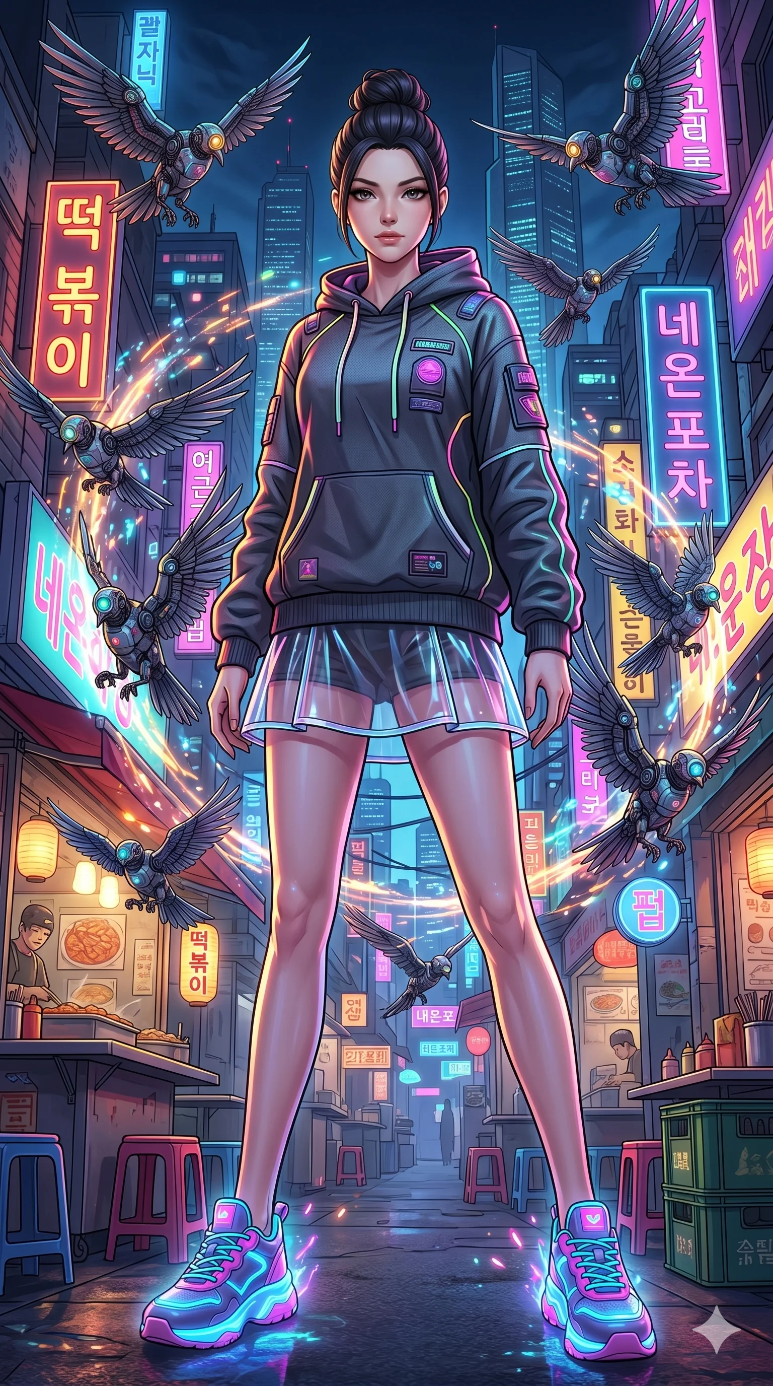 score_9, masterpiece, best quality, ultra-detailed, Set A: High-budget Anime Keyframe, Caucasian (strictly human ears) woman. Low angle cowboy shot filling the entire 9:16 frame with her statuesque presence. Standing victoriously through a neon-lit Neo-Seoul market, surrounded by a whirlwind of 202 mechanical birds and surrounded by glowing energy sparks. She has an absolutely perfect 8-heads proportion, an exceptionally tall and slender female figure with impossibly long slender legs and an ultra-slim waist. Sharp v-shaped jawline, high-bridge nose, intricate jewel-like eyes with depth, thick eyelashes, glossy lips with a natural sheen. Wearing Streetwear tech-hoodie with a transparent PVC skirt and neon sneakers. Cinematic lighting, vibrant colors, dramatic shadows, 2k, ultra detail, master piece, 9:16 ratio