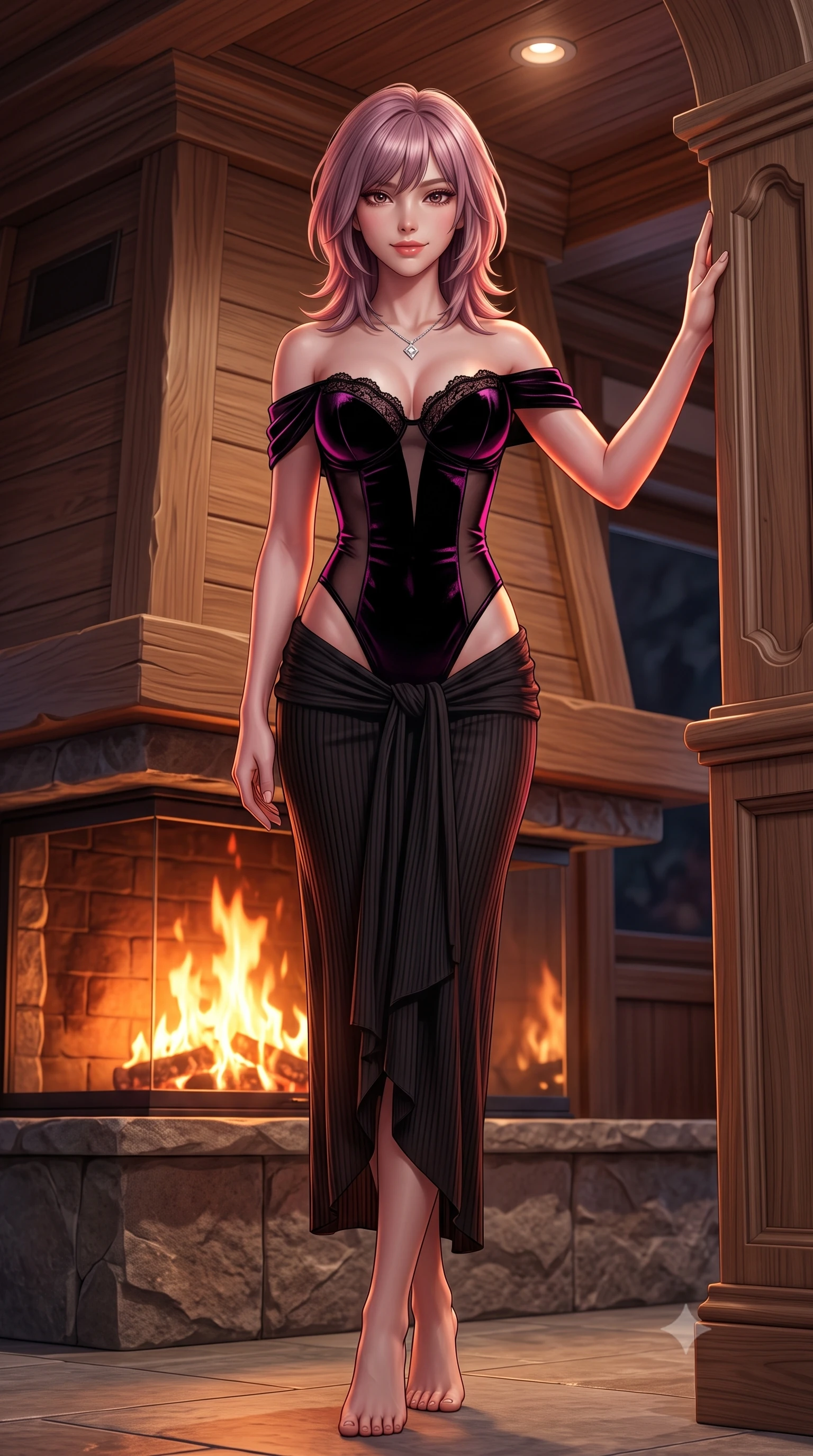 score_9, masterpiece, best quality, ultra-detailed, high-budget anime keyframe, semi-realistic 3D game render, editorial fashion photography, tasteful artistic composition, Japanese woman. low angle full-body shot from head to toe showing her feet, filling the entire 9:16 vertical frame with her statuesque presence, stretching her vertical silhouette. standing tall beside the architectural column, one hand resting high while arching her lower back to emphasize her sculpted feminine hips and slender waist while twisting her slender torso in an alluring contrapposto stance by the hearth, dancing orange flames sculpting dramatic highlights on her curves. The surrounding environment is rendered in vivid detail and crisp panoramic clarity: detailed plunging rib-knit backless dress drape, diamond pendant gleam, and precision Swiss architectural joinery in razor-sharp precision. She has an absolutely perfect, statuesque 8.5-heads proportion, an exceptionally tall and slender model-like female figure with impossibly long slender legs, an ultra-slim waist, a flat toned midriff, narrow delicate ribcage, and beautifully sculpted feminine hips creating a graceful, slim hourglass silhouette without any bulky heaviness. sharp v-shaped jawline, high-bridge nose, sparkling eyes with hypnotic seductive depth, thick curled eyelashes, glossy parted lips with a natural dewy peach sheen, alluring bedroom-eyes with an enchanting coquettish smile, exuding magnetic siren charisma and sophisticated glamour, flawlessly proportioned anatomical accuracy, strict slender model proportions, natural body alignment, perfectly sculpted long slender limbs, ultra-slim waistline, clean dynamic posture without body distortion. wearing an off-the-shoulder sheer-illusion mesh bodysuit with strategic velvet flocking and high-cut leg openings in wet-look onyx black with electric magenta reflections, tailored from ultra-plush velvet with rich tactile depth and deep shadow gradients, finished with scalloped eyelash lace trim framing her sweetheart neckline with intimate elegance, the second-skin tailored fabric adhering flawlessly to her sculpted flat midriff and slender torso, emphasizing her long leg lines and perfectly proportioned willowy build. bathed in the rich, dynamic amber and crimson flicker of real wood flames combined with subtle recessed ceiling downlights. highly saturated vibrant anime colors, detailed shading with soft gradients, rich glossy textures, high-contrast stereoscopic depth, volumetric dynamic lighting, master piece, 9:16 ratio