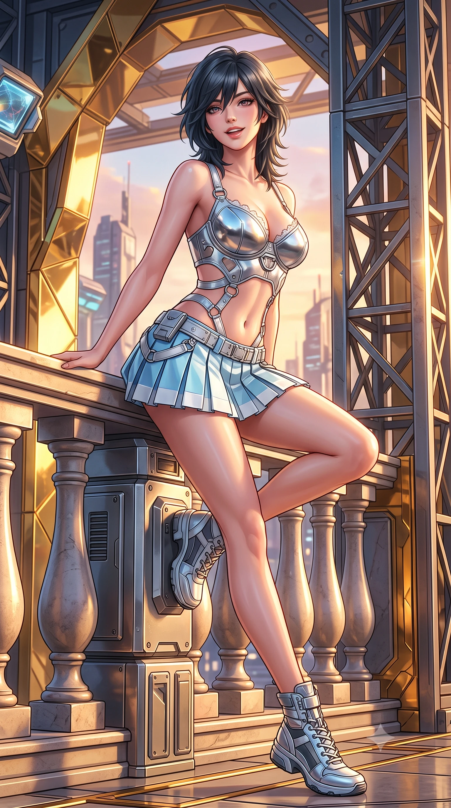 score_9, masterpiece, best quality, ultra-detailed, high-budget anime keyframe, semi-realistic 3D game render, editorial fashion photography, tasteful artistic composition, Caucasian woman. low angle full-body shot from head to toe showing her feet, filling the entire 9:16 vertical frame with her statuesque presence, stretching her vertical silhouette. leaning deep against the balcony balustrade with hips cocked back in an unapologetically alluring high-fashion stance, casting an intoxicating glance while sitting poised on the titanium sensor housing with one knee bent, arching her back with playful combat charisma and parted glossy lips. The surrounding environment is rendered in vivid detail and crisp panoramic clarity: sharp gold-leaf mirror facets, crystalline optical laser lenses, and heavy structural titanium trusswork in deep focus. She has an exceptionally tall and slender model-like 8.5-heads proportion, an ultra-slim waist, a flat toned midriff, narrow delicate ribcage, and beautifully sculpted feminine hips creating a graceful, slim hourglass silhouette without any bulky heaviness, with impossibly long slender legs. sharp v-shaped jawline, high-bridge nose, intricate jewel-like sparkling eyes with depth, thick eyelashes, glossy parted lips with a natural peach sheen, bright cheerful beaming smile with an enchanting and coquettish sensual glint, exuding both youthful cute charm and seductive allure, flawlessly proportioned anatomical accuracy, strict slender model proportions, natural body alignment, perfectly sculpted long slender limbs, ultra-slim waistline, clean dynamic posture without body distortion. wearing a chrome-plated tactical combat bustier top with reinforced underwire paired with a low-rise pleated micro combat skirt in arctic cryo-glacier ice blue and platinum white, adorned with delicate chrome ring hardware and cutouts along her slender waist, finished with scalloped eyelash lace trim framing her sweetheart neckline with intimate elegance, the second-skin tailored fabric adhering flawlessly to her sculpted flat midriff and slender torso, emphasizing her long leg lines and perfectly proportioned willowy build. illuminated by gold mirror reflection bounce and sharp solar-gold rim lights sculpting her jawline, narrow waist, and curvy hips. highly saturated vibrant anime colors, detailed shading with soft gradients, rich glossy textures, high-contrast stereoscopic depth, volumetric dynamic lighting, master piece, 9:16 ratio