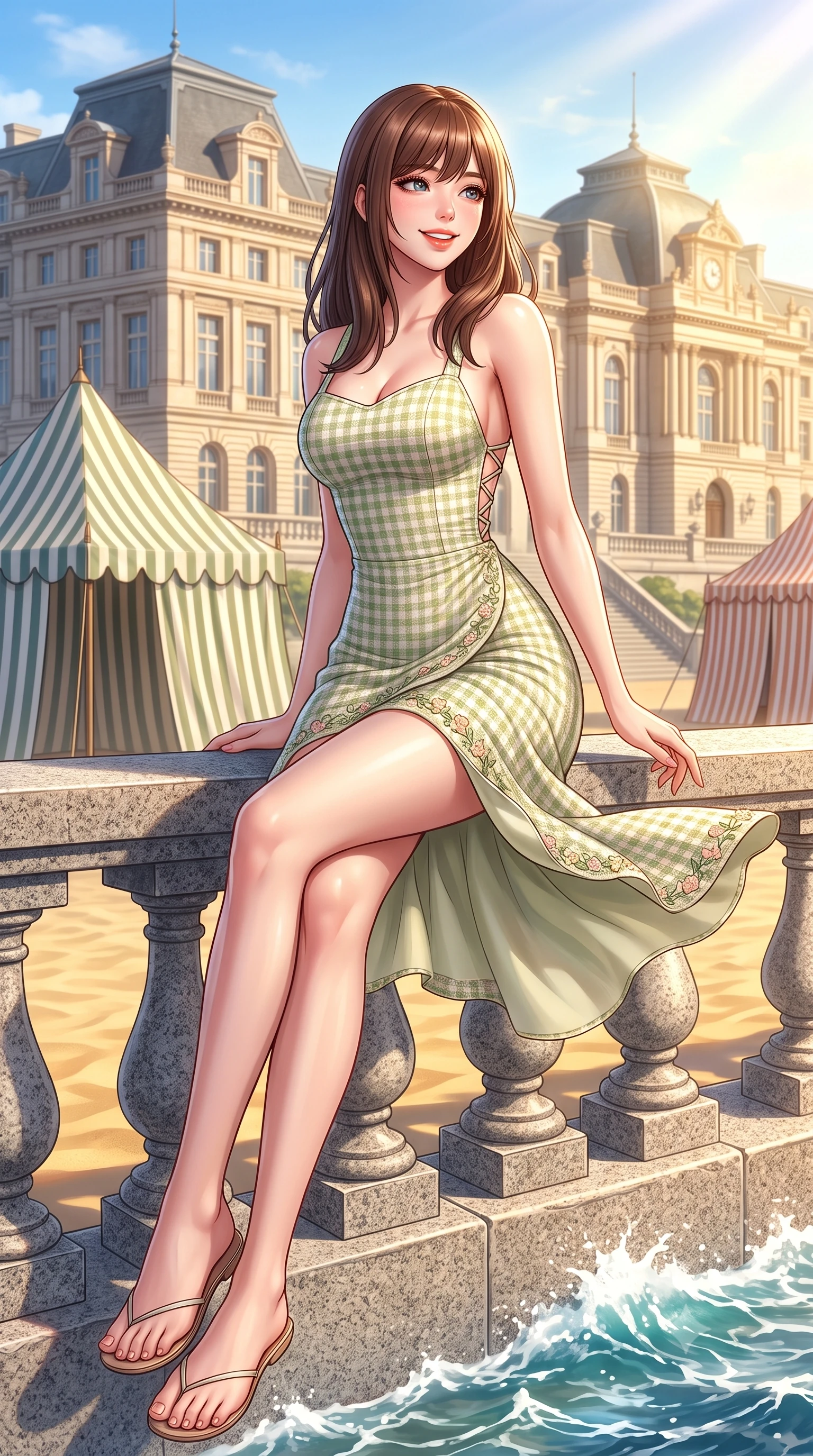 score_9, masterpiece, best quality, ultra-detailed, high-budget anime keyframe, semi-realistic 3D game render, editorial fashion photography, tasteful artistic composition, Korean woman. low angle full-body shot from head to toe showing her feet, filling the entire 9:16 vertical frame with her statuesque presence, stretching her vertical silhouette. sitting perched on the elevated edge with legs crossed and hips angled toward the camera, displaying her toned midriff and long slender limbs with a joyful, coquettish smile while turning in an alluring S-curve as ocean trade winds whip her silk wrap skirt, gazing toward the historic casino palace with parted glossy lips. The surrounding environment is rendered in vivid detail and crisp panoramic clarity. sharp granite promenade balustrades, striped canvas tent textures, and ocean wave crest caustics in deep focus. She has an exceptionally tall and slender model-like 8.5-heads proportion, an ultra-slim waist, a flat toned midriff, narrow delicate ribcage, and beautifully sculpted feminine hips creating a graceful, slim hourglass silhouette without any bulky heaviness, with impossibly long slender legs. sharp v-shaped jawline, high-bridge nose, intricate jewel-like sparkling eyes with depth, thick eyelashes, glossy parted lips with a natural peach sheen, bright cheerful beaming smile with an enchanting and coquettish sensual glint, exuding both youthful cute charm and seductive allure, flawlessly proportioned anatomical accuracy, strict slender model proportions, natural body alignment, perfectly sculpted long slender limbs, ultra-slim waistline, clean dynamic posture without body distortion. wearing a backless lace-up gingham sundress with a form-fitting bodice and hip-defining silhouette in matcha green and warm ivory, tailored from soft pastel tweed with subtle metallic shimmer, complemented by delicate embroidered floral trim along the hem, the liquid-tight tailored fabric clinging flawlessly to her narrow waist and rounded feminine hips, emphasizing every millimeter of her sculpted slim hourglass curves without any bulky heaviness. bathed in brilliant golden hour Atlantic sunlight and intense golden sand bounce fill. highly saturated vibrant anime colors, detailed shading with soft gradients, rich glossy textures, high-contrast stereoscopic depth, volumetric dynamic lighting, master piece, 9:16 ratio