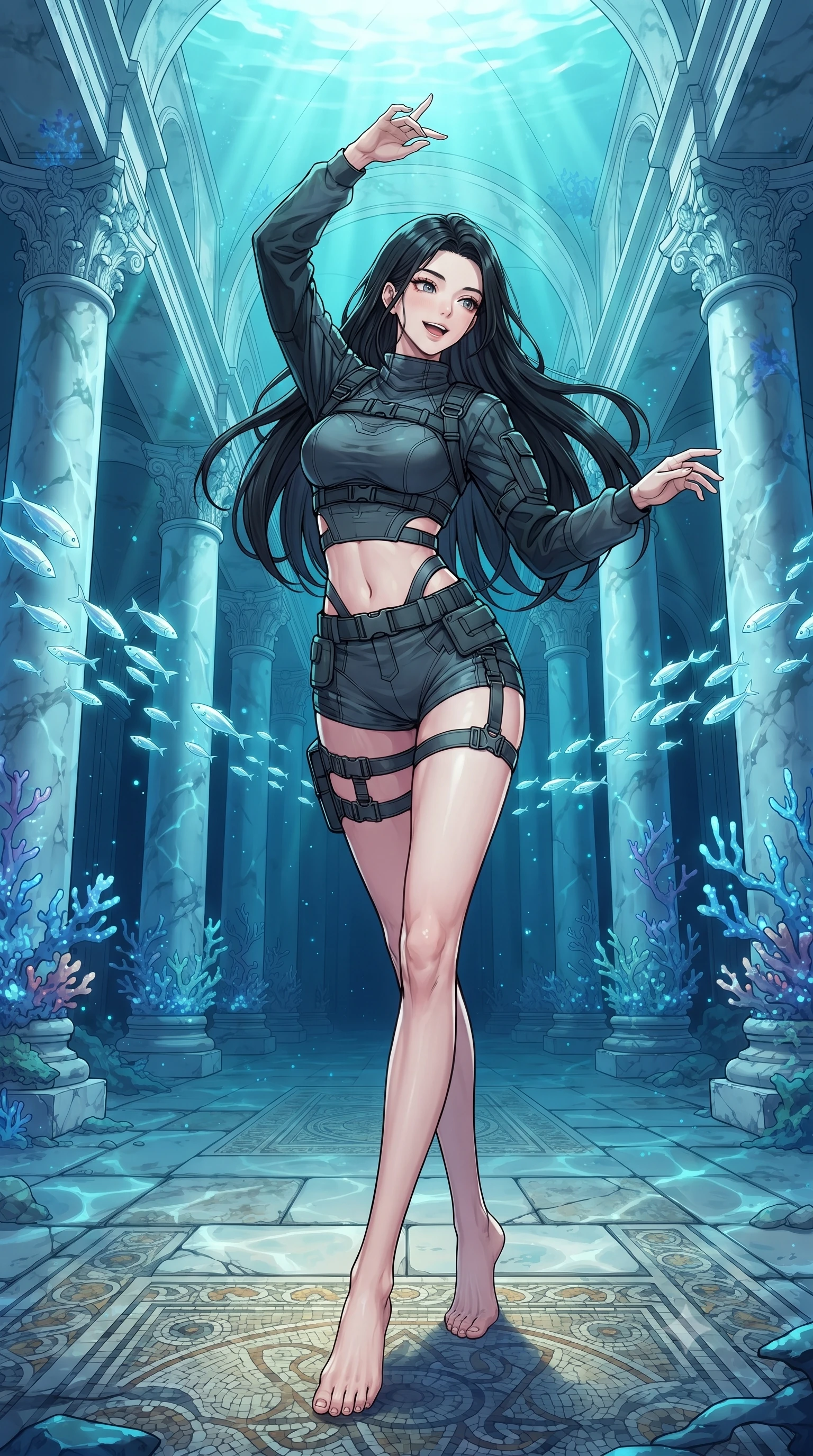 score_9, masterpiece, best quality, ultra-detailed, high-budget anime keyframe, editorial fashion photography, tasteful artistic composition, gorgeous anime illustration, with clean line-art, distinct ink outlines, and high-contrast stereoscopic depth, Korean woman. low angle full-body shot from head to toe showing her feet, filling the entire 9:16 vertical frame with her statuesque presence, stretching her vertical silhouette. dancing with weightless, happy grace through inside an ancient white marble cathedral submerged in the deep ocean, with schools of glowing silver fish swimming between grand marble pillars covered in glowing blue coral. She has a statuesque 8.5-heads proportion, an exceptionally tall, slender and willowy model-like build with impossibly long legs and a highly sculpted ultra-slim waist. sharp v-shaped jawline, high-bridge nose, intricate jewel-like eyes with depth, thick eyelashes, glossy lips with a natural sheen. wearing a cyber-tactical crop top in dark grey with a subtle waist cutout, paired with matching high-cut shorts and thigh straps. ethereal blue-green sun rays filtering down through the deep water columns, casting moving caustic light patterns all around. 2k, ultra detail, master piece, 9:16 ratio, highly saturated vibrant anime colors, detailed cel-shading with soft gradients, rich glossy textures, deep contrast, volumetric dynamic lighting, 2d animation style