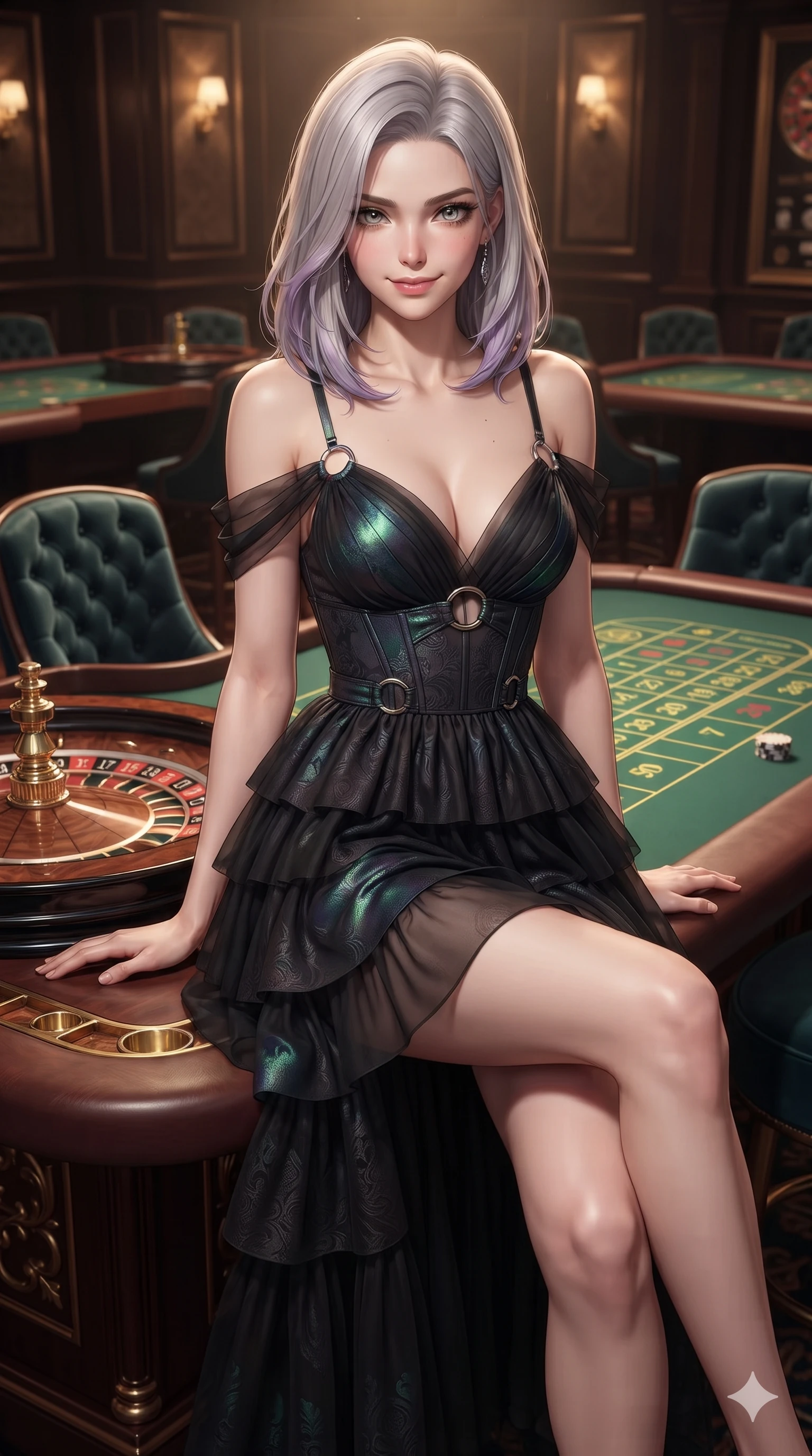 score_9, masterpiece, best quality, ultra-detailed, high-budget anime keyframe, editorial fashion photography, tasteful artistic composition, Caucasian woman. close-up cowboy shot from the waist and thighs up, the character dominates the composition, filling the frame with her large presence. standing poised beside a towering marble fireplace with hips cocked back, casting an alluring, sovereign gaze toward the viewer while perched on the mahogany roulette table edge with legs crossed, leaning close with sparkling eyes and an intoxicating siren smile. The surrounding environment is rendered in vivid detail and crisp panoramic clarity: sharp roulette wheel brass frets, mother-of-pearl casino chip inlays, and tufted velvet salon chairs in deep focus. She has an exceptionally elegant, slender, and willowy female figure with an ultra-slim waist, flat toned midriff, narrow ribcage, and sculpted feminine hips creating an alluring, slim hourglass silhouette without bulk. sharp v-shaped jawline, high-bridge nose, intricate jewel-like dark sparkling eyes with dangerous depth, thick curled eyelashes, glossy parted lips with a rich wine sheen, smoldering seductive half-smile with bedroom-eyes, exuding effortless superiority and intoxicating dark allure, flawlessly proportioned anatomical accuracy, strict slender model proportions, natural body alignment, perfectly sculpted long slender limbs, ultra-slim waistline, clean dynamic posture without body distortion. wearing a tiered semi-sheer black tulle and silk slip dress with an ultra-slim corseted waist and bare shoulders in iridescent petroleum beetle-sheen and deep graphite, tailored from rich silk jacquard with subtle embossed baroque patterns, accented with sculptural chrome hardware rings framing the subtle cutouts, the impeccably tailored cut draping gracefully along her slender figure with aristocratic noir poise. bathed in warm, focused pin-spot lighting over the green gaming tables contrasted with intimate ambient shadows. ultra-reflective glossy finish, specular highlights, rich textural contrasts, high-contrast stereoscopic depth, volumetric dynamic lighting, 2k, ultra detail, master piece, 9:16 ratio