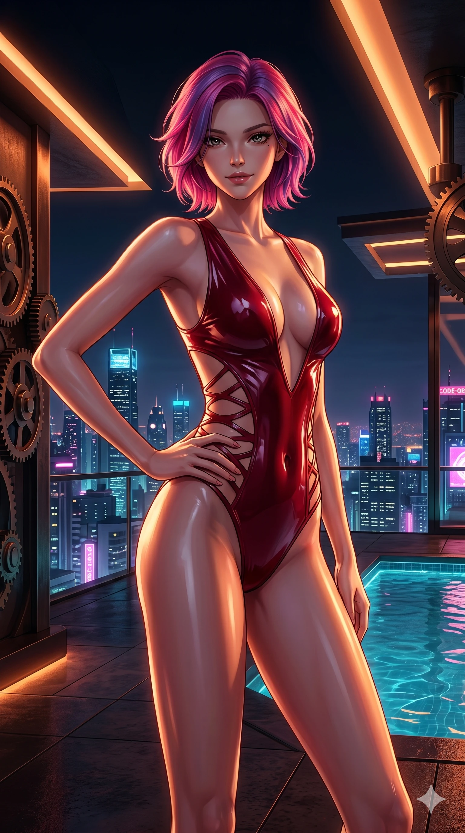 score_9, masterpiece, best quality, ultra-detailed, high-budget anime keyframe, editorial fashion photography, tasteful artistic composition, Caucasian woman, strictly human ears. cowboy shot from the thighs up, character and outfit filling the frame for maximum editorial presence. resting her hand on her hip, looking at the viewer with a confident, bedroom-eyes smile on a private rooftop pool terrace overlooking a neon city (Code-P17-082). She has an absolutely perfect 8-heads proportion, an exceptionally tall and slender female figure with impossibly long slender legs and an ultra-slim waist. V-shaped jawline, high-bridge nose, intricate jewel-like eyes with depth, thick eyelashes, glossy lips with a natural sheen. wearing a wet-look latex bodysuit with side cutouts and a plunging neckline. amber and copper light rays refracting through the gears, creating deep dramatic shadows. 2k, ultra detail, master piece, 9:16 ratio