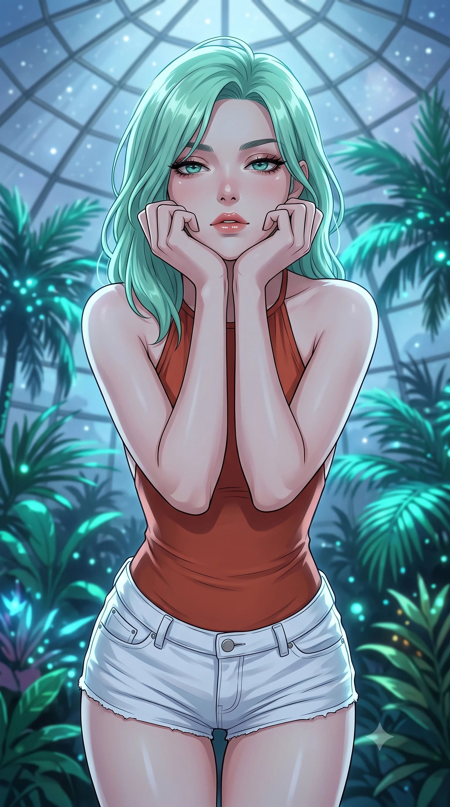 score_9, masterpiece, best quality, ultra-detailed, high-budget anime keyframe, tasteful artistic composition, Japanese woman. close-up cowboy shot from the waist and thighs up, the character dominates the composition, filling the frame with her large presence, background elements kept in soft focus. resting her chin on the backs of her fingers, casting a heavy-lidded, sultry look past the camera the background shows a soft-focus a geodesic glass greenhouse dome filled with glowing bioluminescent tropical palms. She has an exceptionally elegant, slender, and willowy female figure with an ultra-slim waist, a gracefully sculpted slender torso, and a refined silhouette. sharp v-shaped jawline, high-bridge nose, intricate jewel-like eyes with depth, thick eyelashes, glossy lips with a natural sheen. wearing a form-contouring backless halter top in terracotta red, paired with white denim micro-shorts. opal silver starlight filtering through the glass ceiling, creating a cool ambient atmosphere. highly saturated vibrant anime colors, cel-shading, 2d style, master piece, 9:16 ratio