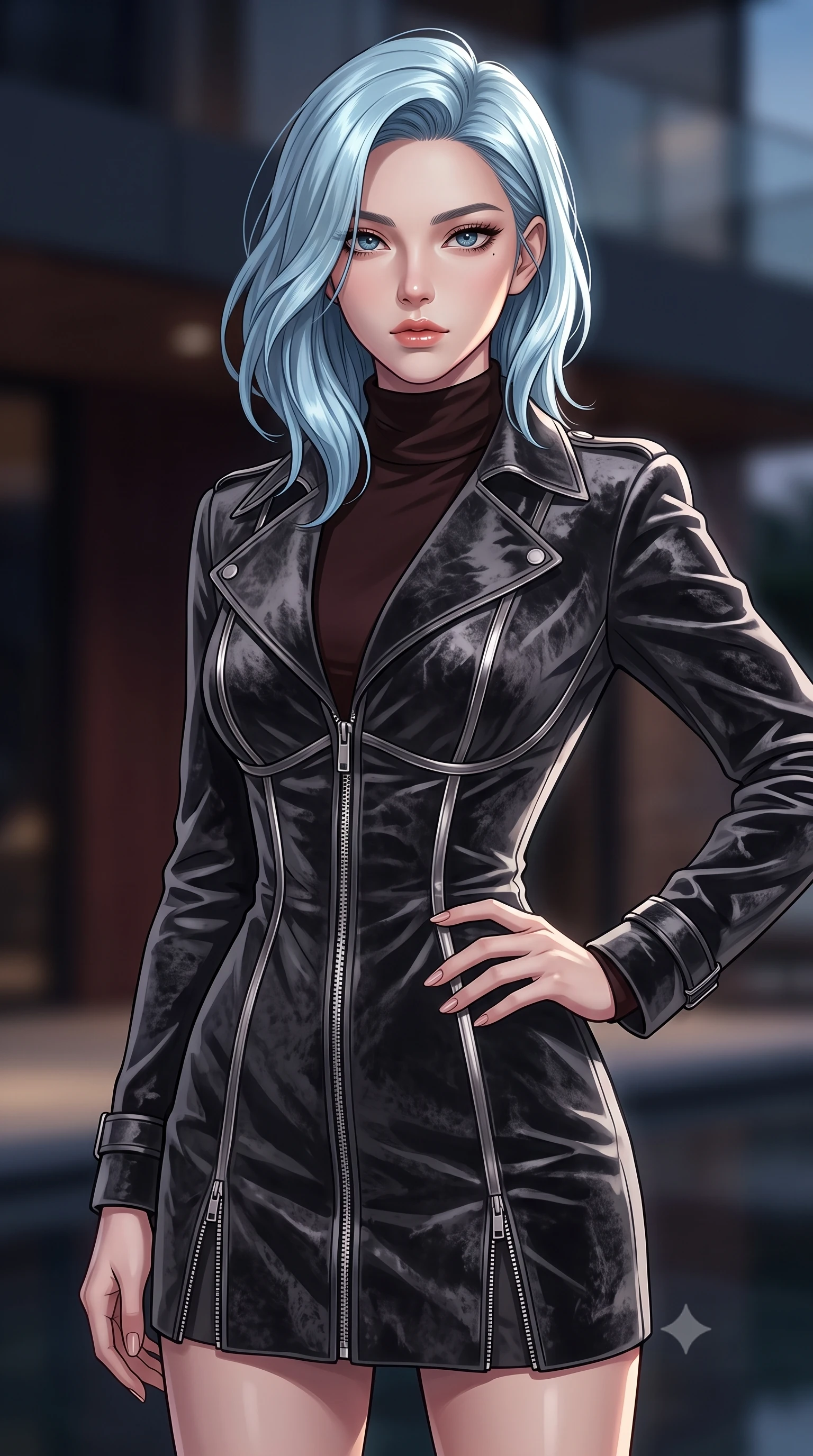 score_9, masterpiece, best quality, ultra-detailed, high-budget anime keyframe, editorial fashion photography, tasteful artistic composition, Korean woman. close-up cowboy shot from the waist and thighs up, the character dominates the composition, filling the frame with her large presence, background elements kept in soft focus. Holding a confident power pose with one hand on her hip, looking composedly past the camera with quiet, sharp artistic focus, high-art editorial framing with timeless luxury appeal. She has an exceptionally elegant, slender, and willowy female figure with an ultra-slim waist, a gracefully sculpted slender torso, and a refined silhouette. sharp v-shaped jawline, high-bridge nose, intricate jewel-like eyes with depth, thick eyelashes, glossy lips with a natural sheen. wearing structured charcoal trench dress over sleek turtleneck in dark mahogany, made of crushed dark silk velvet, finished with metallic silver boning and sleek zipper points, highlighting her statuesque proportions and ultra-slim waistline. lit by crisp spotlight rays accentuating her refined physical contours. highly saturated vibrant anime colors, detailed shading with soft gradients, rich glossy textures, high-contrast stereoscopic depth, volumetric dynamic lighting, master piece, 9:16 ratio