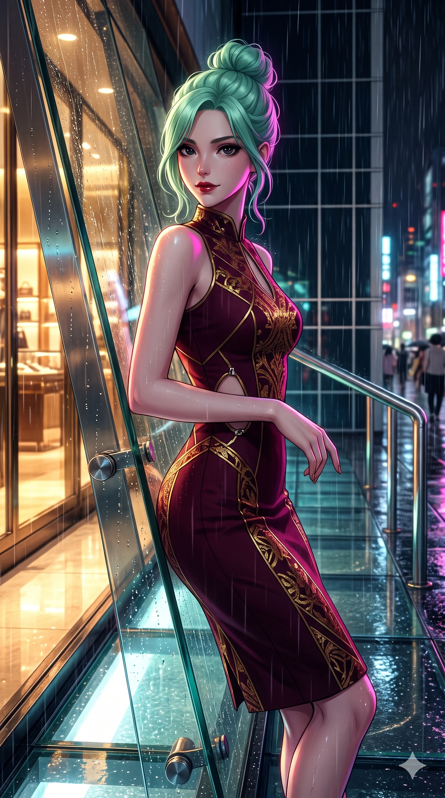 score_9, masterpiece, best quality, ultra-detailed, high-budget anime keyframe, semi-realistic 3D game render, editorial fashion photography, tasteful artistic composition, Japanese woman. close-up cowboy shot from the waist and thighs up, the character dominates the composition, filling the frame with her large presence. pausing beside an illuminated luxury boutique window with hips cocked back, glancing back with an enchanting, dangerous smile through falling rain while leaning back against the angled glass windbreak with hips cocked back, casting an alluring, heavy-lidded bedroom-gaze toward the lens. The surrounding environment is rendered in vivid detail and crisp panoramic clarity: sharp laminated structural glass floor seams, stainless steel handrail fittings, and razor-sharp city grid lines in deep focus. She has an exceptionally elegant, slender, and willowy female figure with an ultra-slim waist, flat toned midriff, narrow ribcage, and sculpted feminine hips creating an alluring, slim hourglass silhouette without bulk. sharp v-shaped jawline, high-bridge nose, intricate jewel-like dark sparkling eyes with dangerous depth, thick curled eyelashes, glossy parted lips with a rich wine sheen, smoldering seductive half-smile with bedroom-eyes, exuding effortless superiority and intoxicating dark allure, flawlessly proportioned anatomical accuracy, strict slender model proportions, natural body alignment, perfectly sculpted long slender limbs, ultra-slim waistline, clean dynamic posture without body distortion. wearing a bespoke structured mock-neck evening sheath dress with crisp geometric seams in deep wine burgundy and lustrous gold foil, tailored from fine lightweight midnight wool crepe with crisp architectural structure, accented with sculptural chrome hardware rings framing the subtle cutouts, the impeccably tailored cut draping gracefully along her slender figure with aristocratic noir poise. illuminated by glass floor upward bounce and sharp magenta-cyan rim lights sculpting her razor-sharp jawline, narrow waist, and curvy hips. highly saturated vibrant anime colors, detailed shading with soft gradients, rich glossy textures, high-contrast stereoscopic depth, volumetric dynamic lighting, master piece, 9:16 ratio