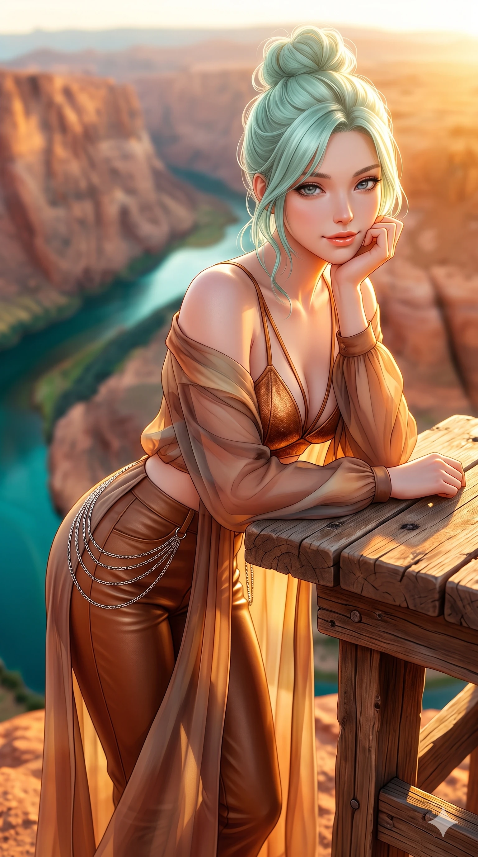 score_9, masterpiece, best quality, ultra-detailed, high-budget anime keyframe, semi-realistic 3D game render, editorial fashion photography, tasteful artistic composition, Japanese woman. close-up cowboy shot from the waist and thighs up, the character dominates the composition, filling the frame with her large presence. resting one elbow on the workbench and supporting her chin, leaning close to the camera with heavy-lidded sparkling eyes and parted lips while standing poised inches from the sheer 1000-foot sandstone cliff drop, arching her lower back with sovereign supermodel grace as the emerald river loops majestically below. The background shows a soft-focus the famous 270-degree curve of the emerald green Colorado River and red rock cliffs blurred into turquoise, terracotta, and gold bokeh. She has an exceptionally elegant, slender, and willowy female figure with an ultra-slim waist, flat toned midriff, narrow ribcage, and sculpted feminine hips creating an alluring, slim hourglass silhouette without bulk. sharp v-shaped jawline, high-bridge nose, sparkling eyes with hypnotic seductive depth, thick curled eyelashes, glossy parted lips with a natural dewy peach sheen, alluring bedroom-eyes with an enchanting coquettish smile, exuding magnetic siren charisma and sophisticated glamour, flawlessly proportioned anatomical accuracy, strict slender model proportions, natural body alignment, perfectly sculpted long slender limbs, ultra-slim waistline, clean dynamic posture without body distortion. wearing a delicate sheer chiffon western duster robe slipping off bare shoulders over a matching strappy suede bralette in molten metallic copper and radiant desert sand, tailored from buttery-soft glove lambskin leather clinging smoothly to her narrow waist and rounded hips, accented with an open-back drape framed by falling strands of delicate chrome chains, the liquid-tight tailored fabric clinging flawlessly to her narrow waist and rounded feminine hips, emphasizing every millimeter of her sculpted slim hourglass curves without any bulky heaviness. bathed in the blinding, warm 2200K golden-hour rays of the setting sun casting brilliant specular highlights along her silhouette. highly saturated vibrant anime colors, detailed shading with soft gradients, rich glossy textures, high-contrast stereoscopic depth, volumetric dynamic lighting, master piece, 9:16 ratio